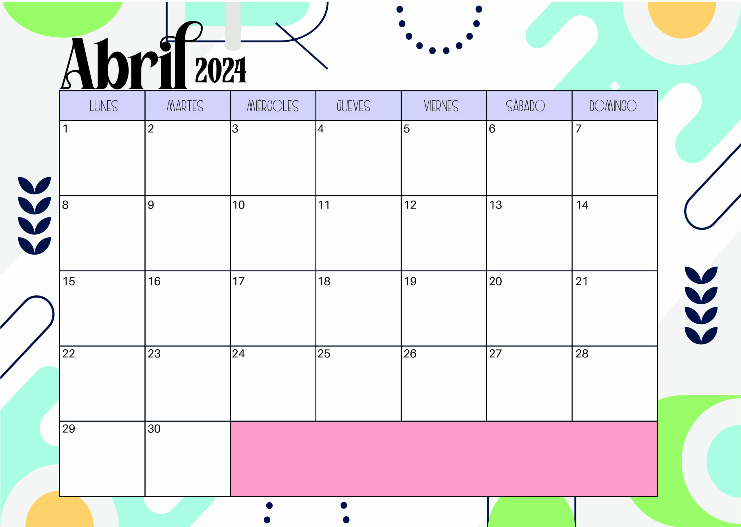 Calendario de Abril 2024 para imprimir en PDF