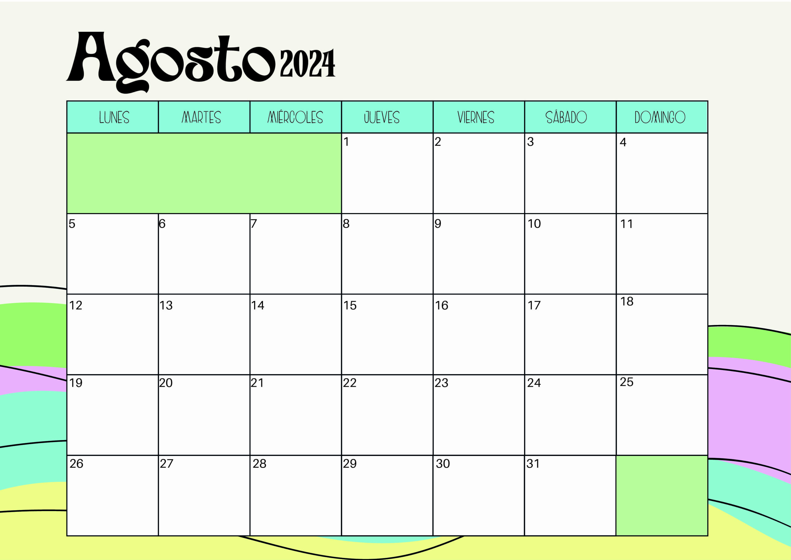 Calendario de Agosto 2024 para imprimir en PDF
