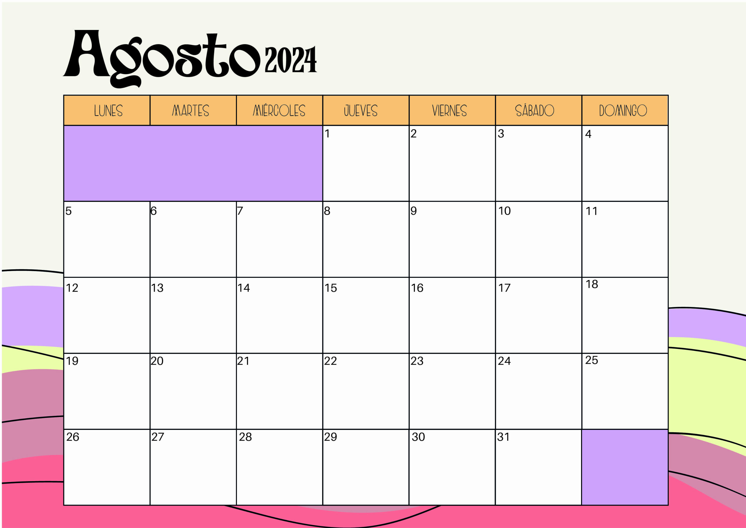 Calendario de Agosto 2024 para imprimir en PDF