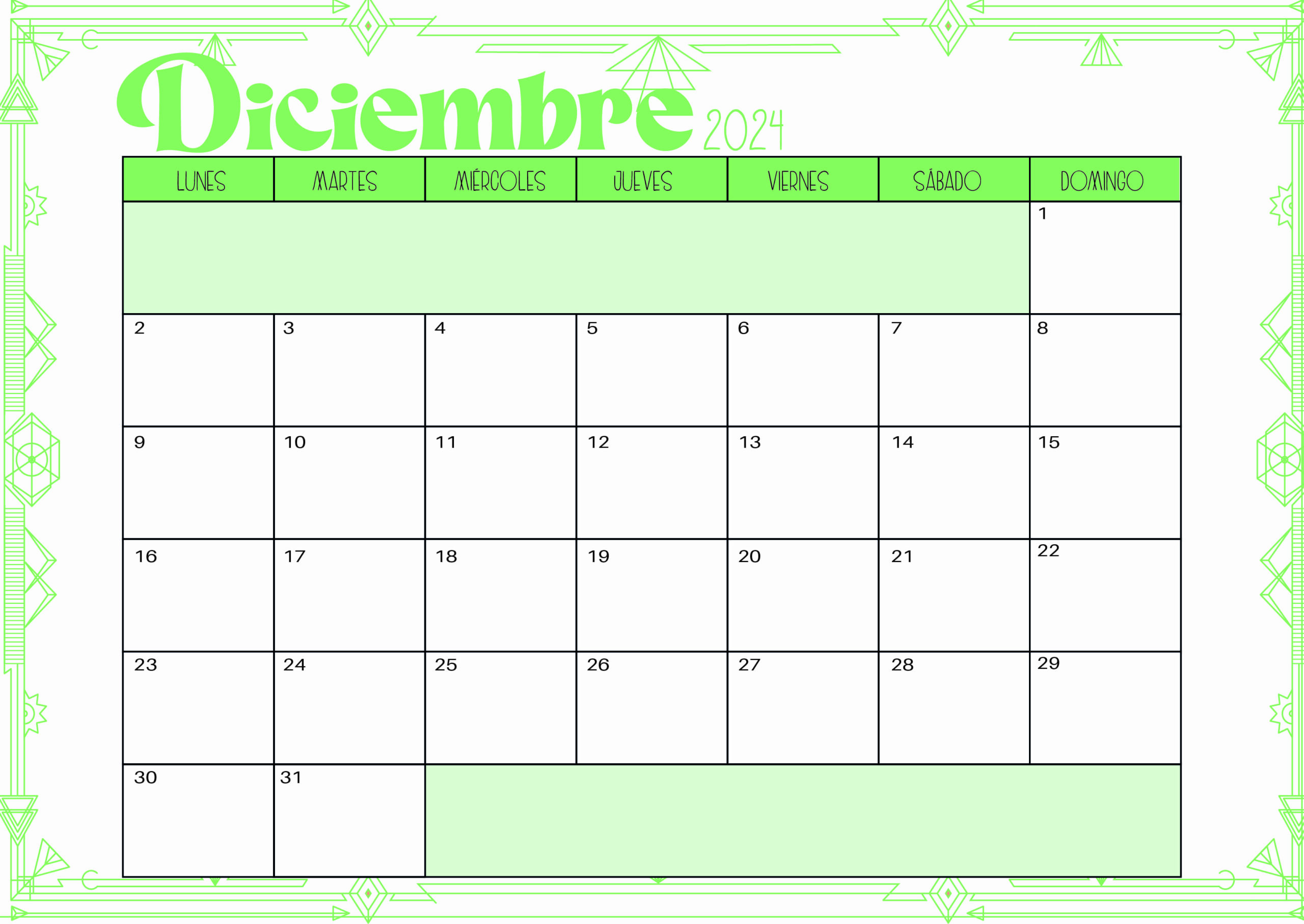 Calendario de Diciembre 2024 para imprimir en PDF