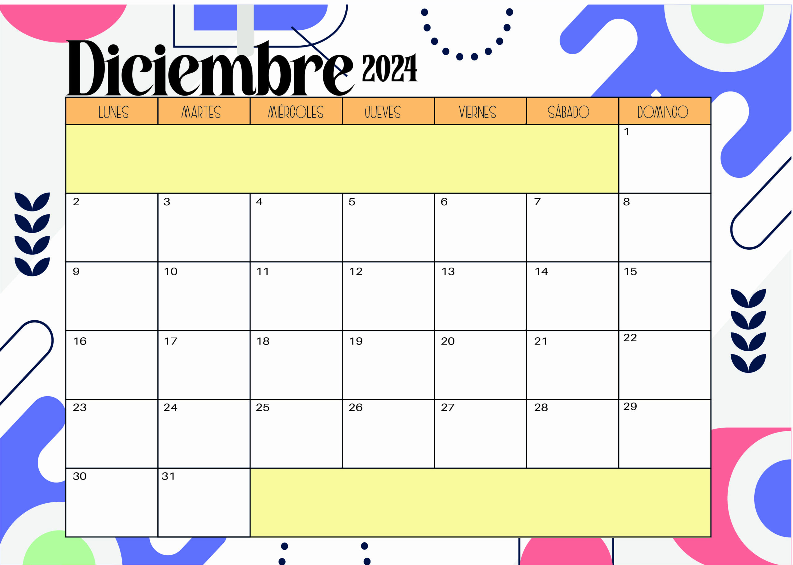 Calendario de Diciembre 2024 para imprimir en PDF