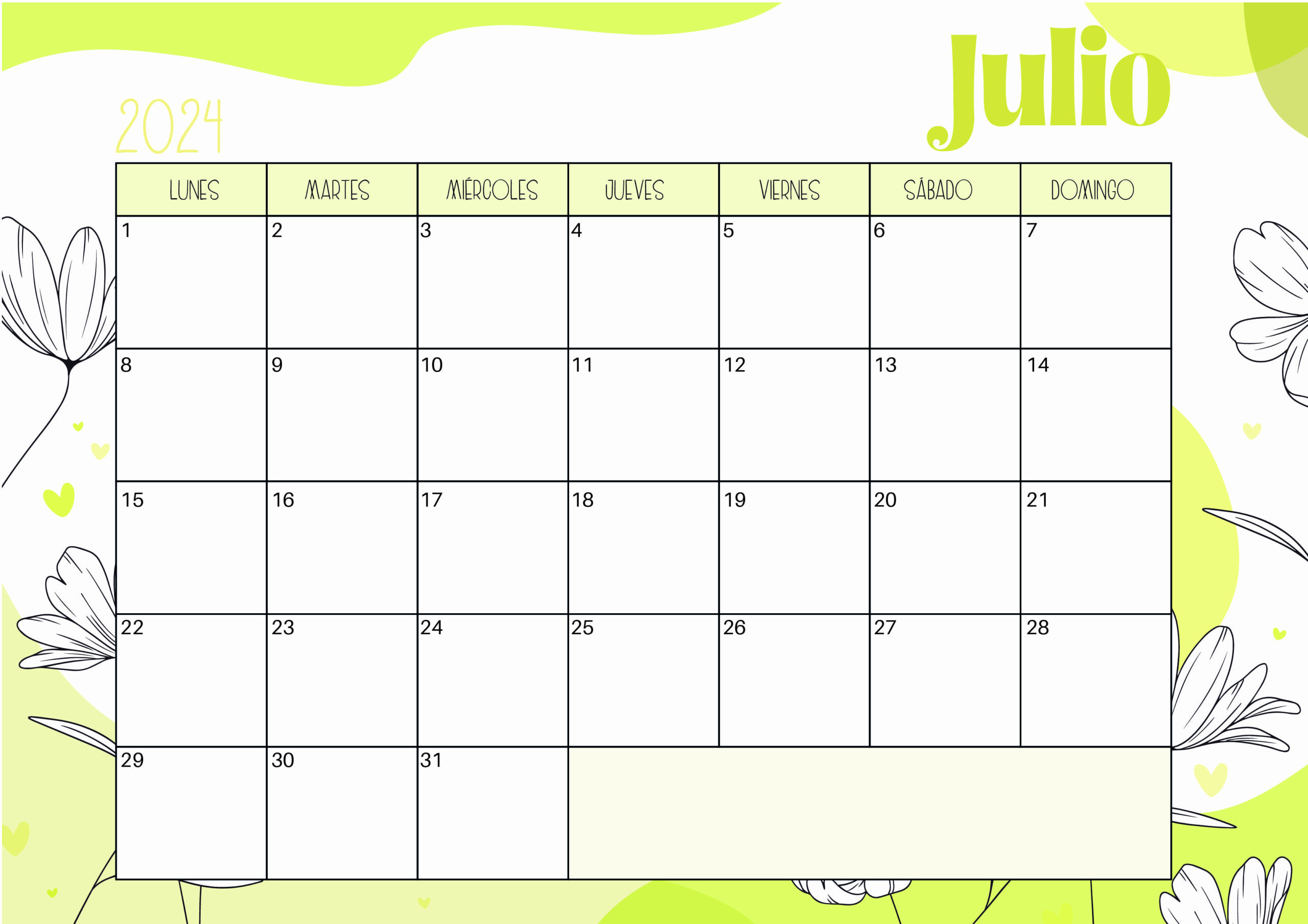 Calendario de Julio 2024 para imprimir en PDF