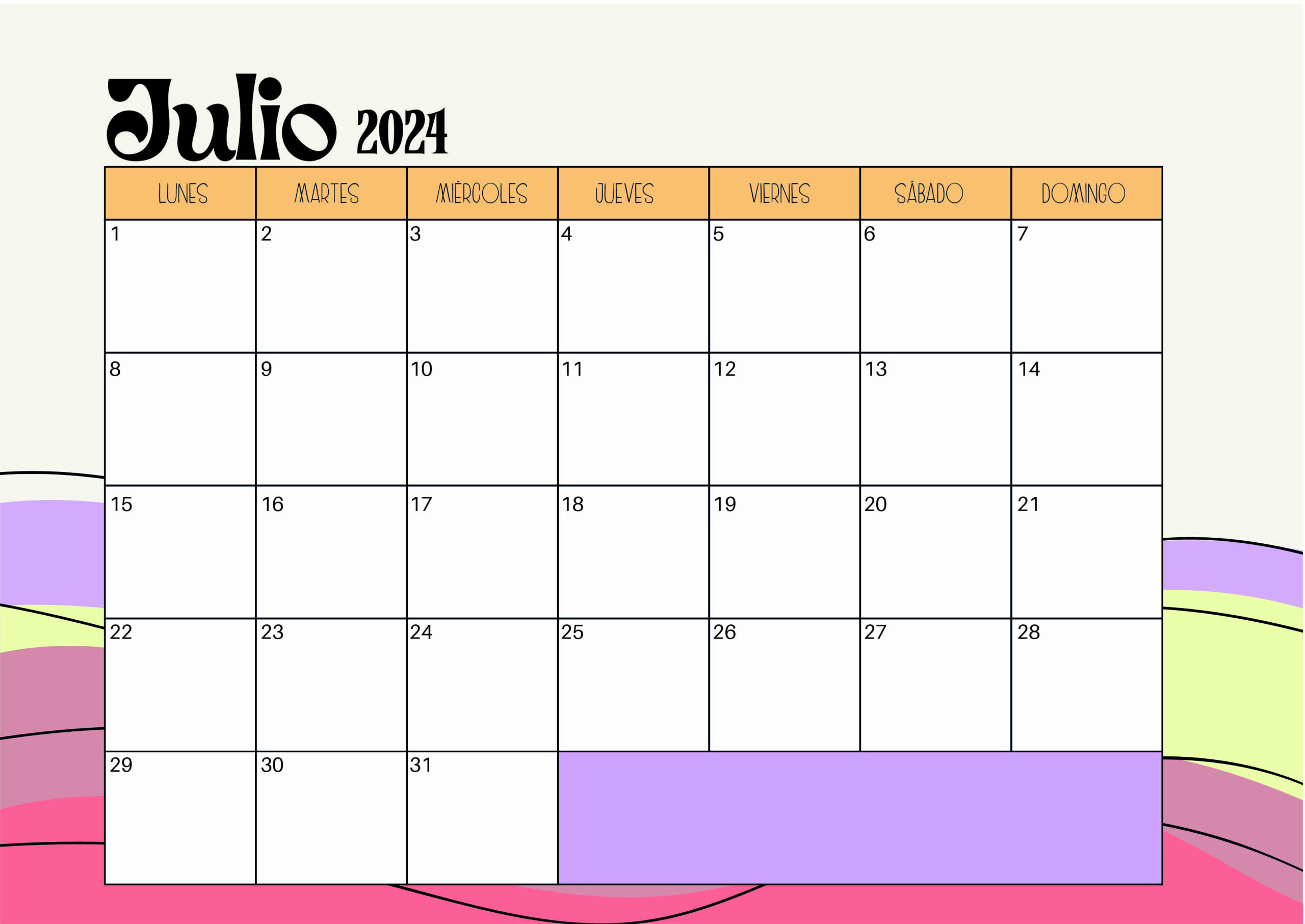 Calendario de Julio 2024 para imprimir en PDF