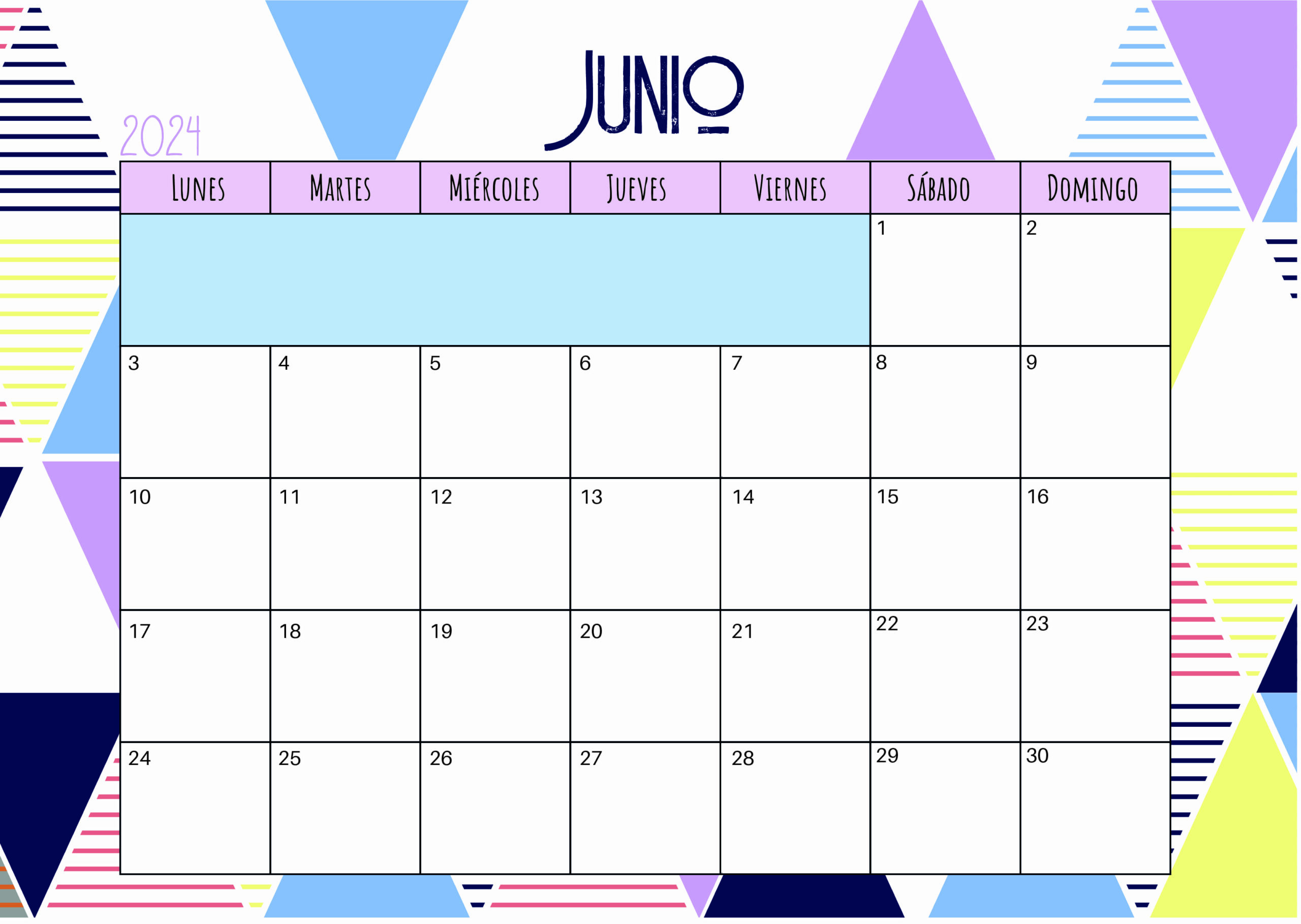 Calendario de Junio 2024 para imprimir en PDF