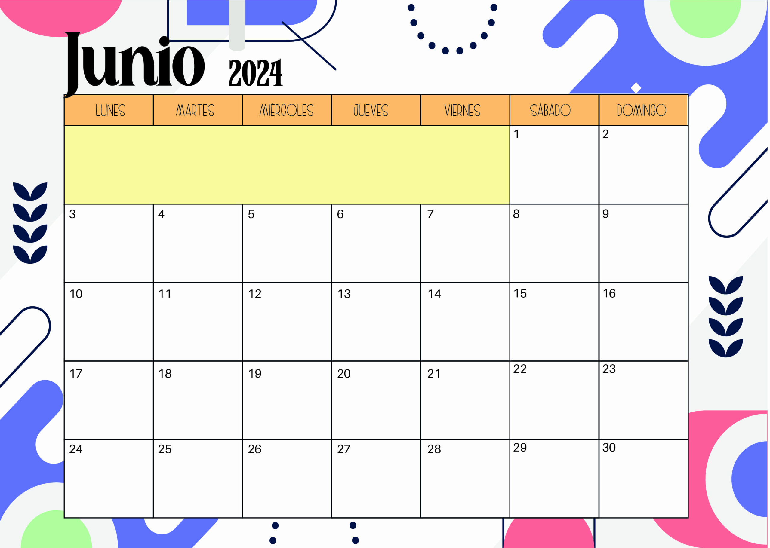 Calendario de Junio 2024 para imprimir en PDF