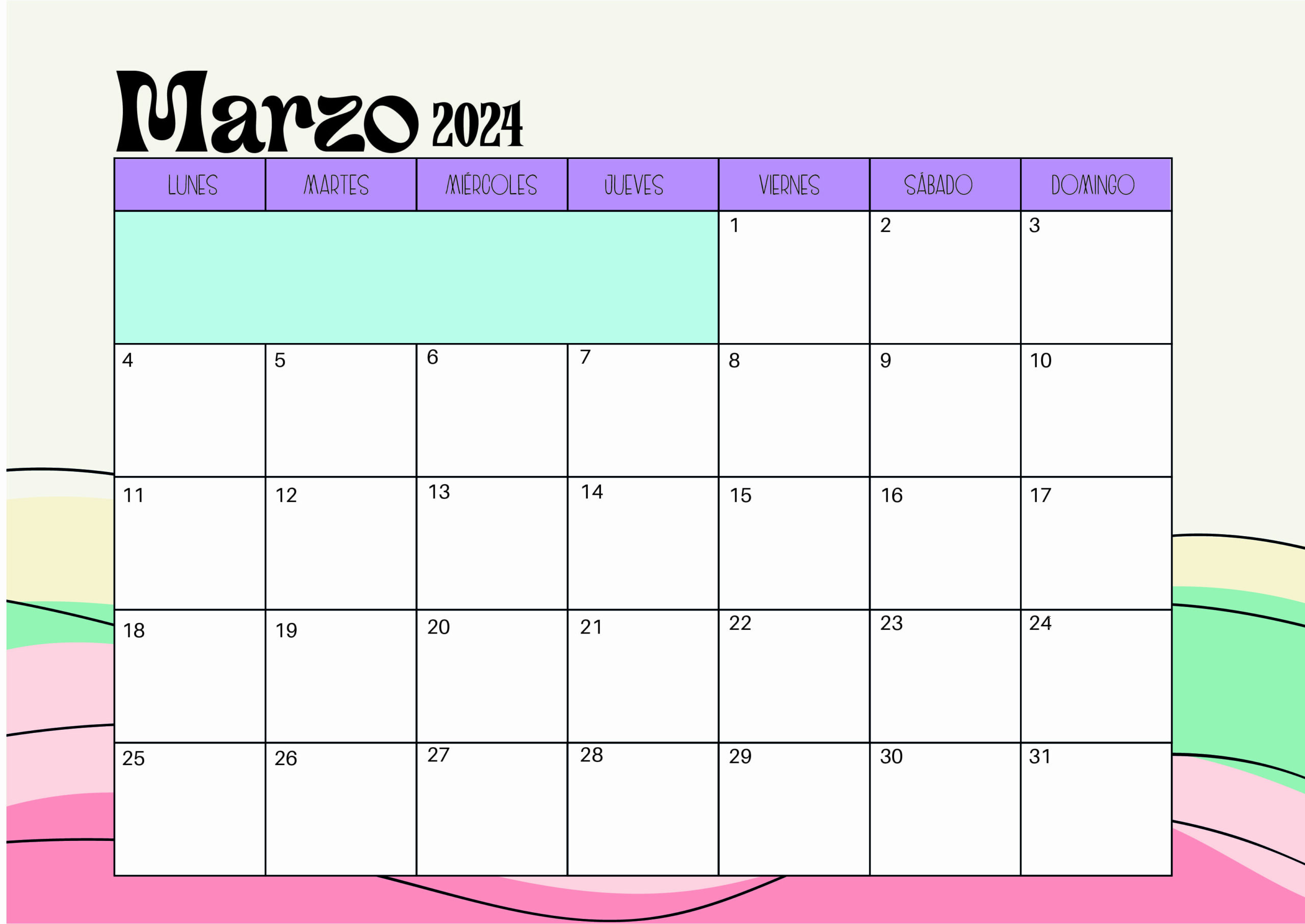 Calendario de Marzo 2024 para imprimir en PDF