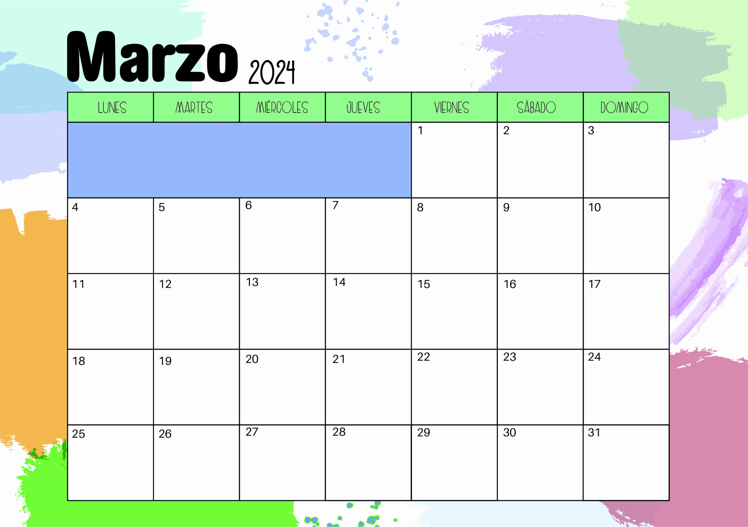 Calendario de Marzo 2024 para imprimir en PDF
