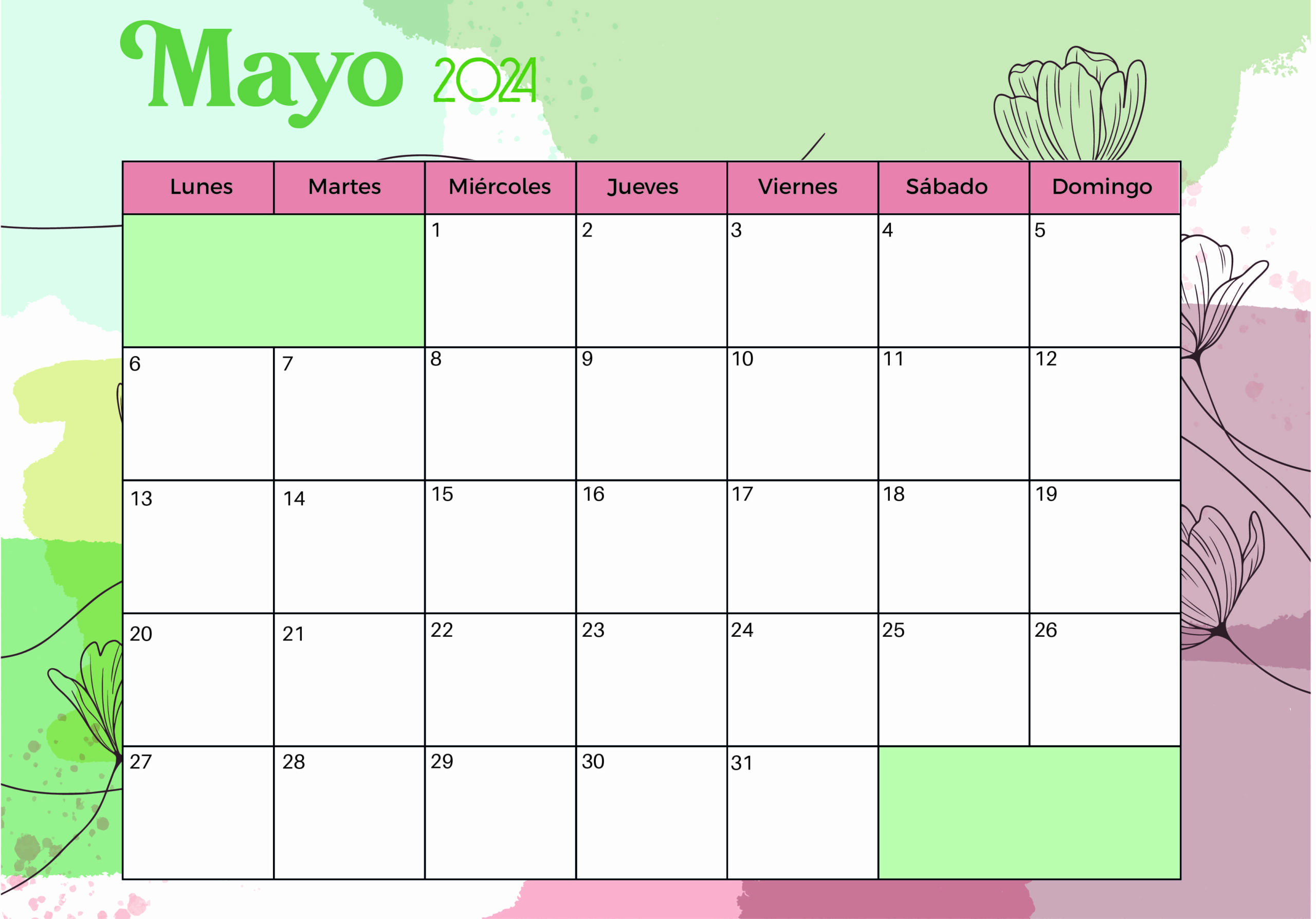 Calendario Mayo 2024 para imprimir