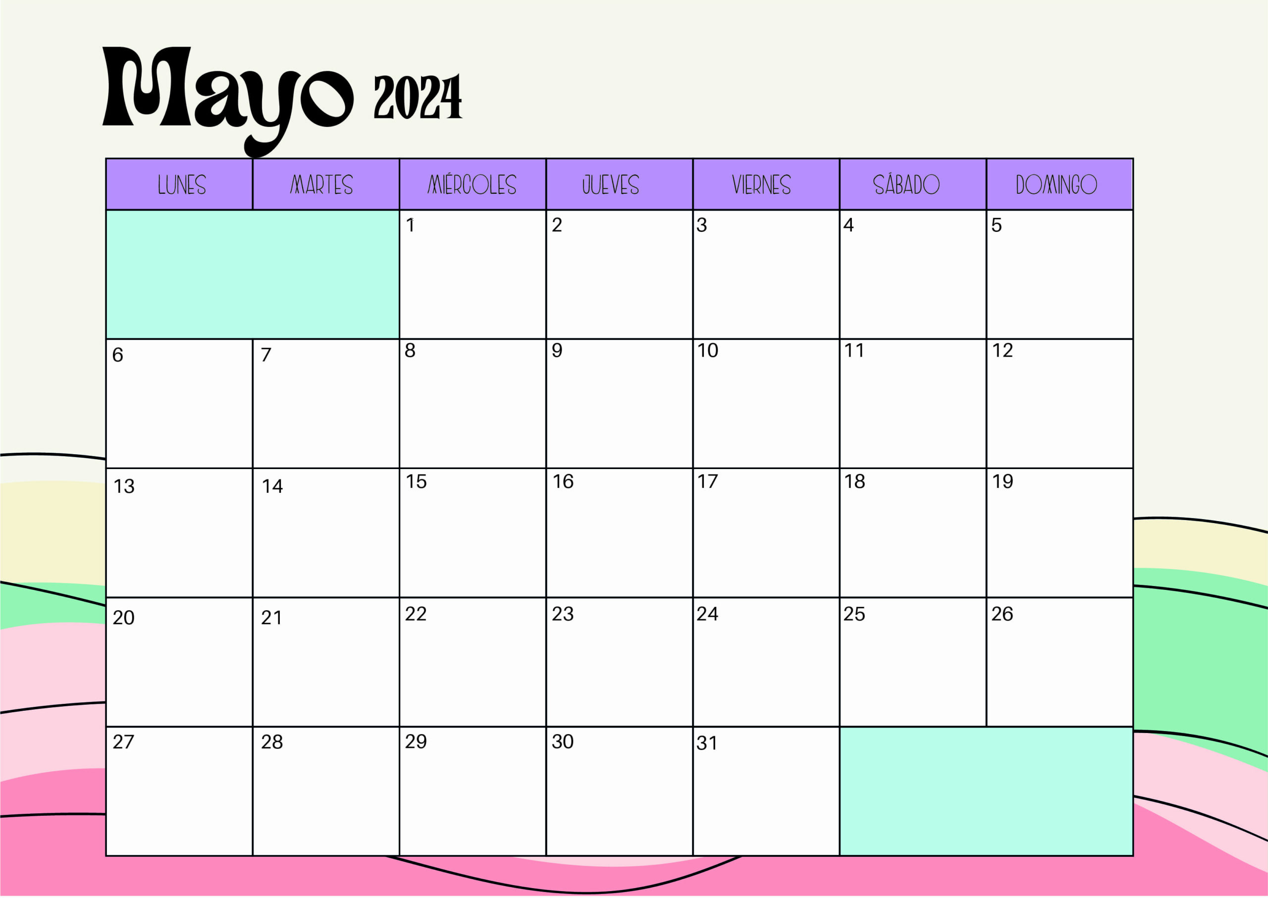 Calendario de Mayo 2024 para imprimir en PDF