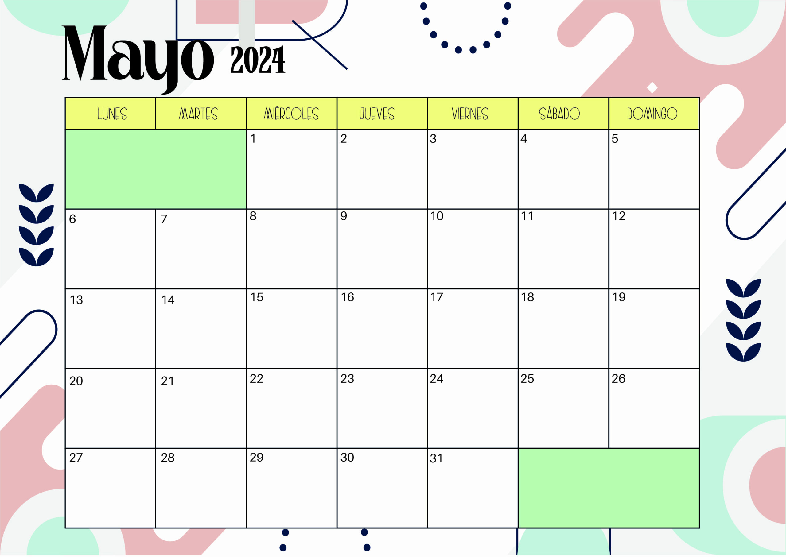 Calendario Mayo 2024 para imprimir