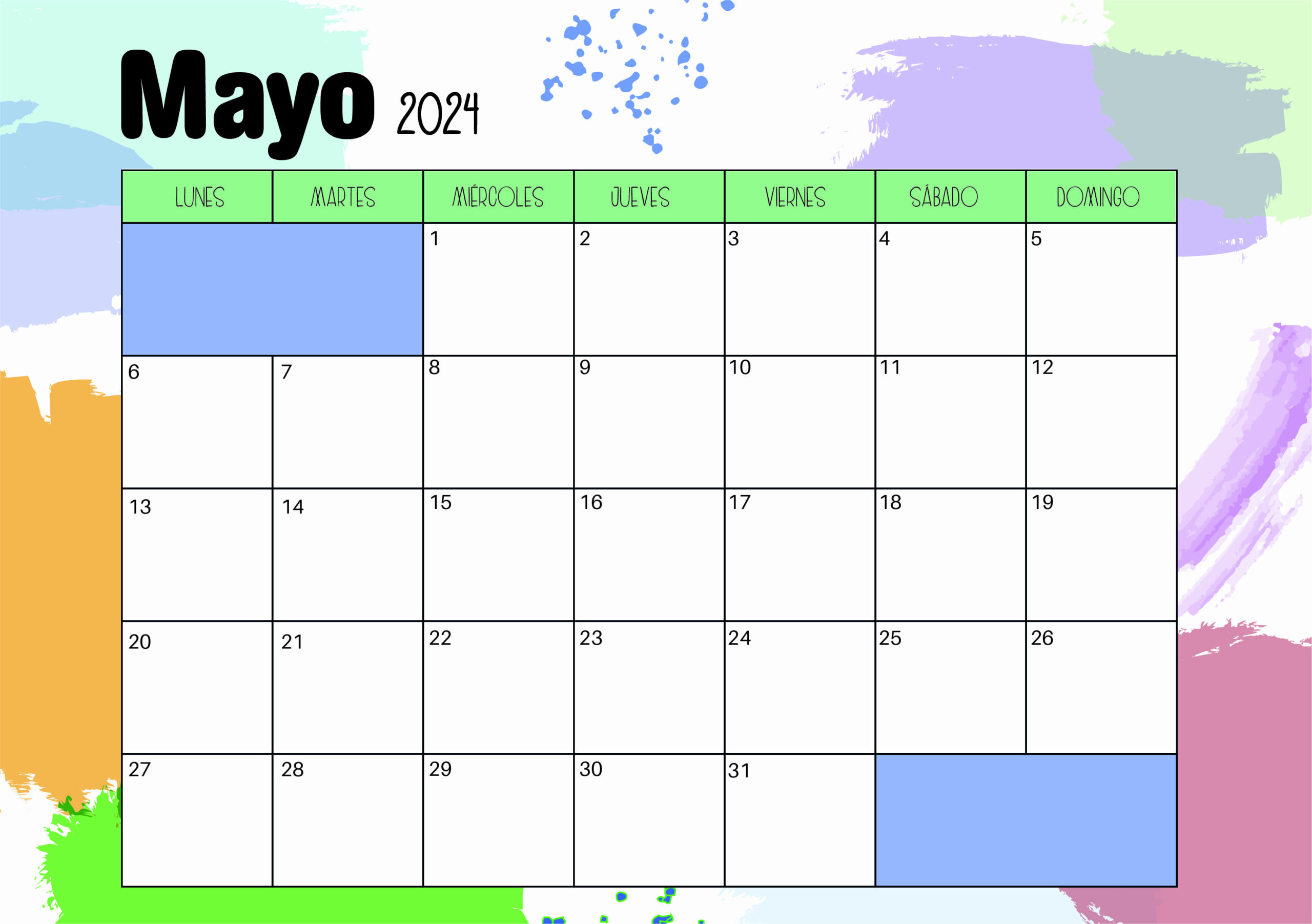 Calendario de Mayo 2024 para imprimir en PDF