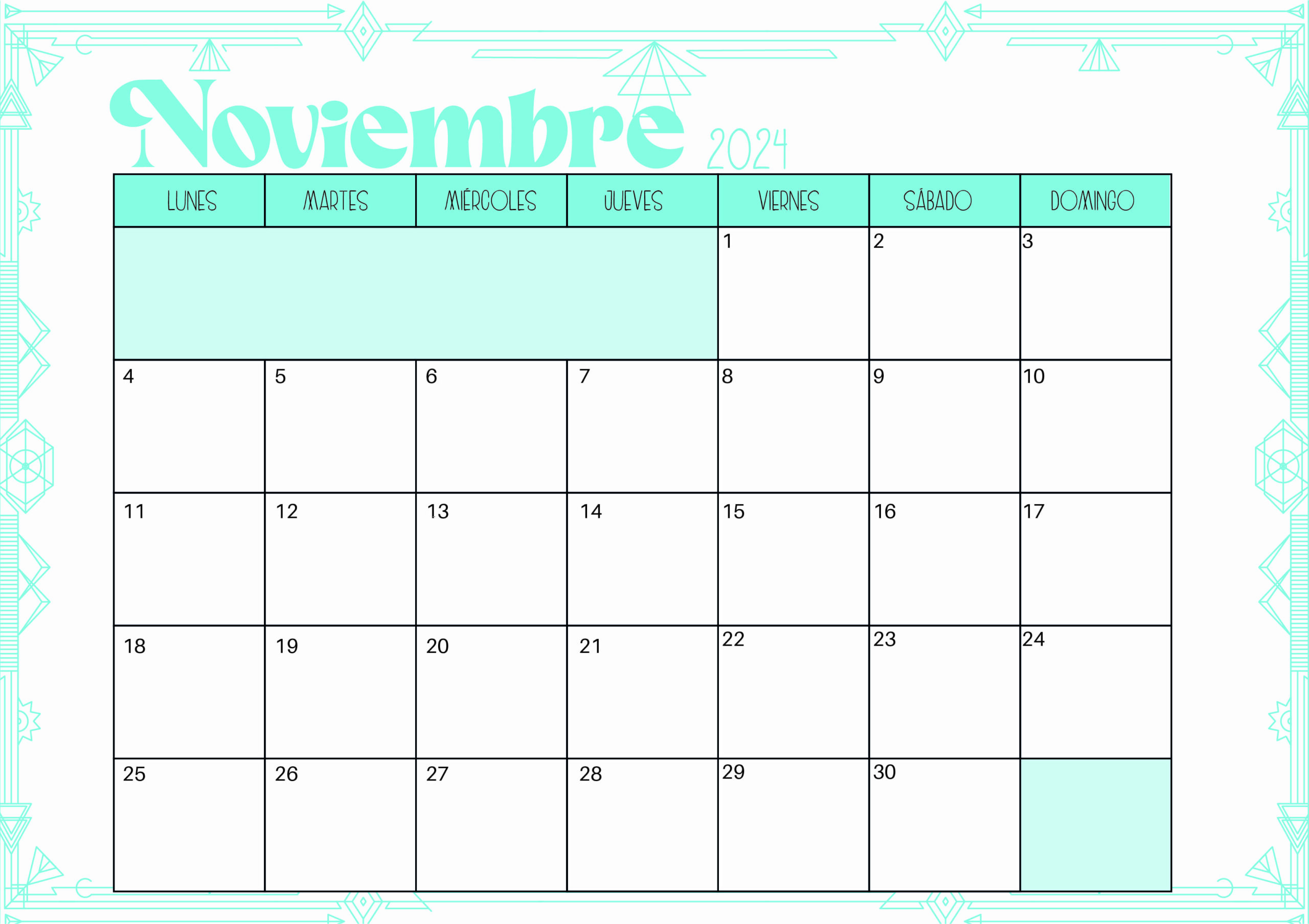 Calendario de Noviembre 2024 para imprimir en PDF