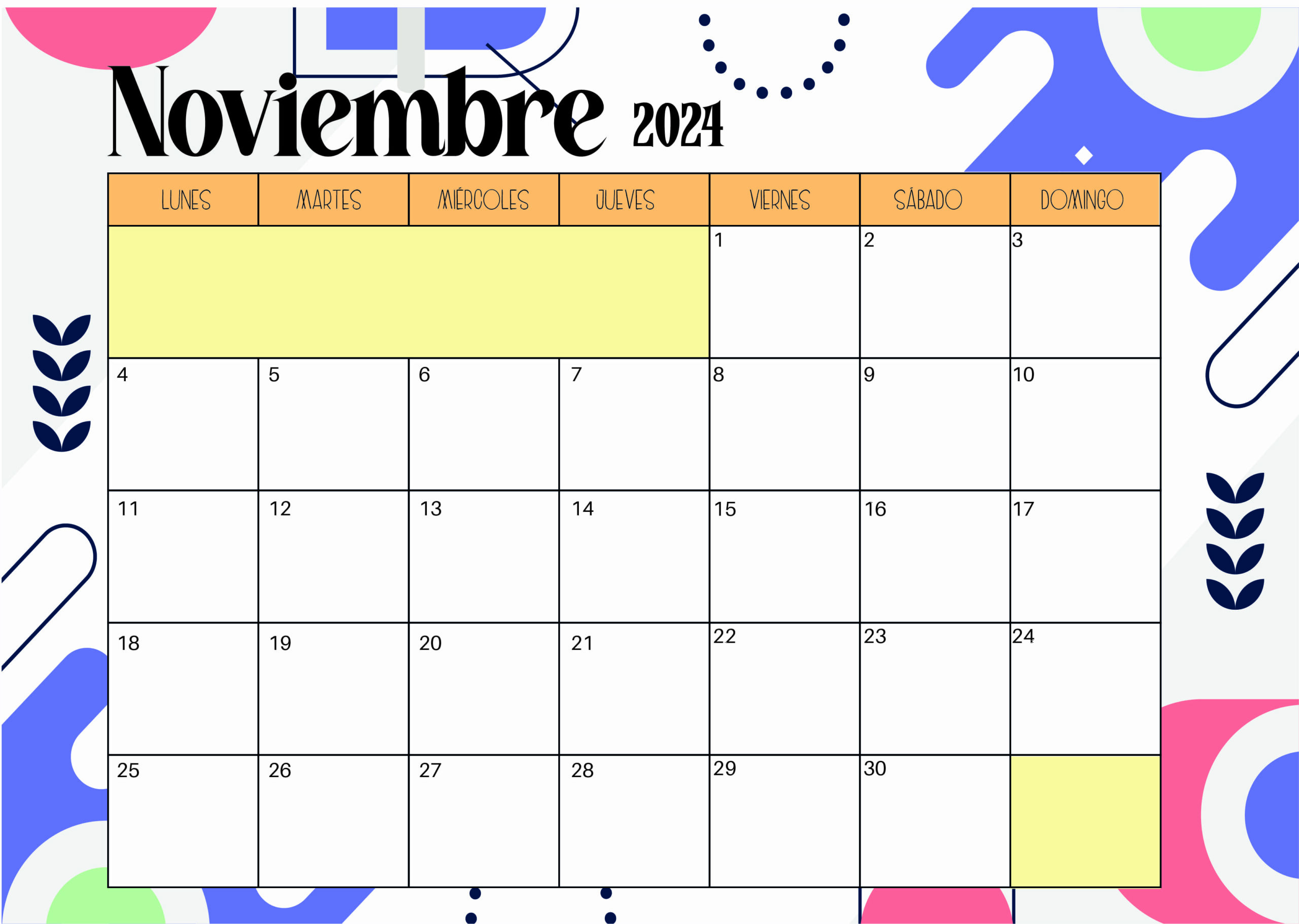 Calendario Noviembre 2024 para imprimir