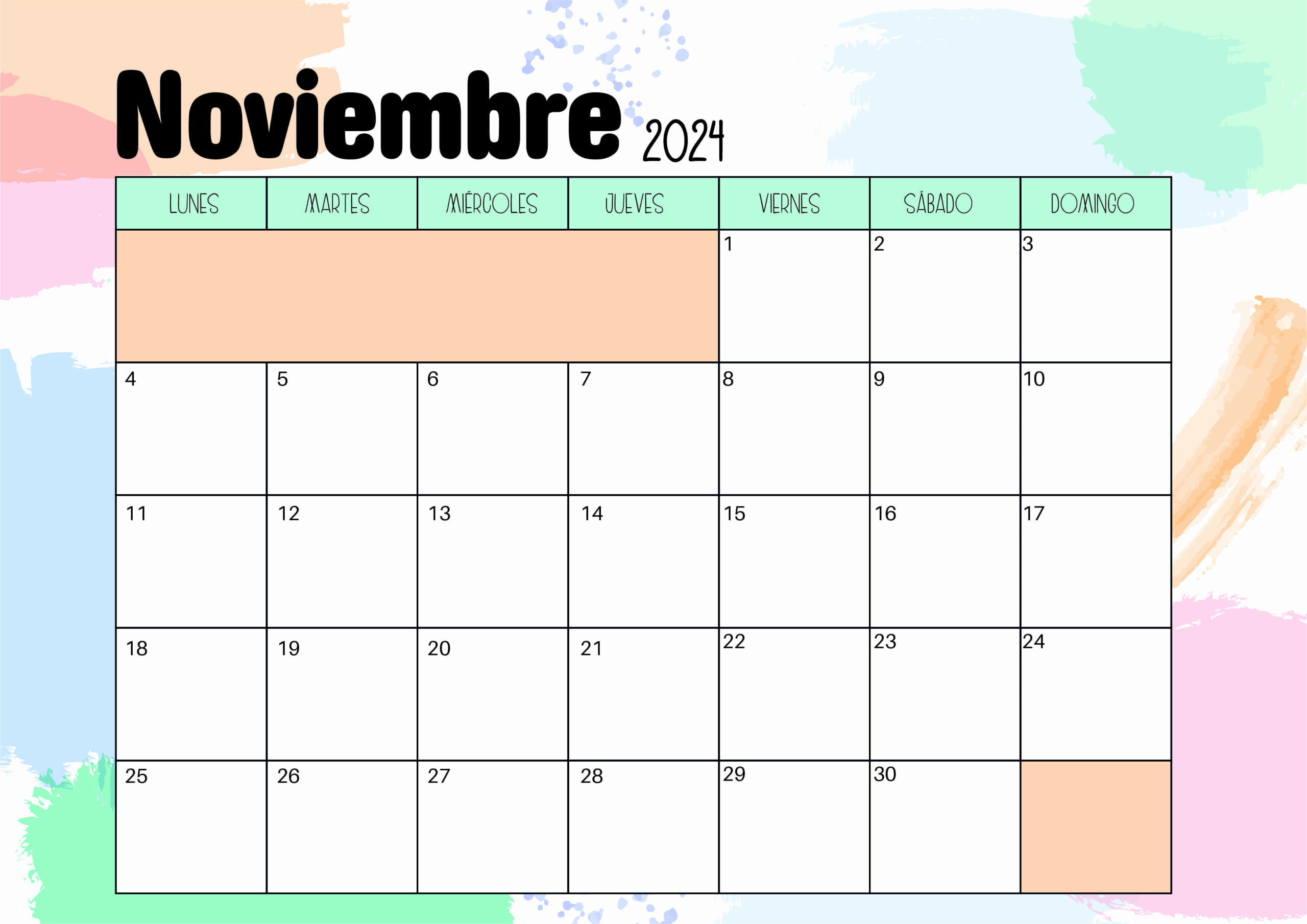 Calendario de Noviembre 2024 para imprimir en PDF