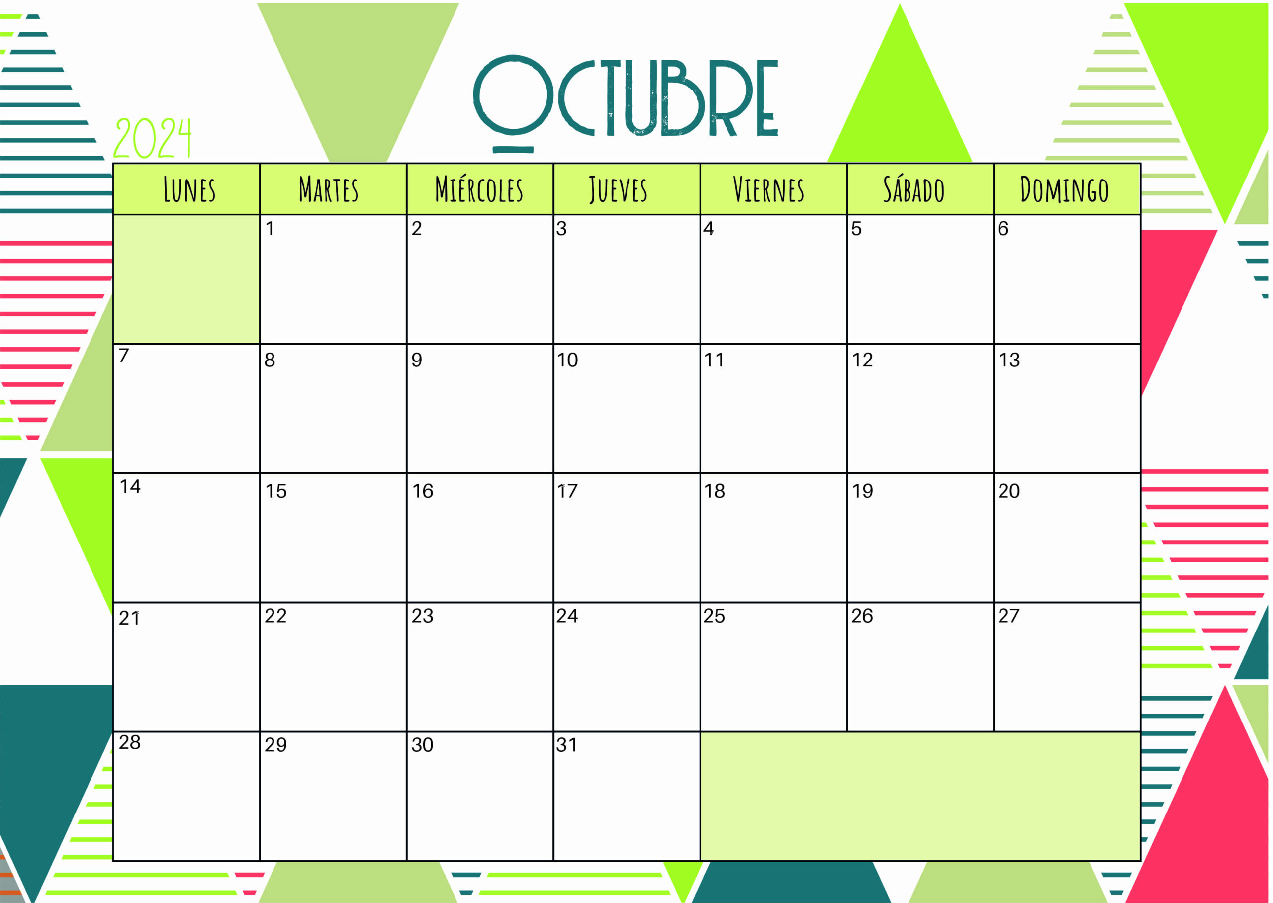 Calendario de Octubre 2024 para imprimir en PDF