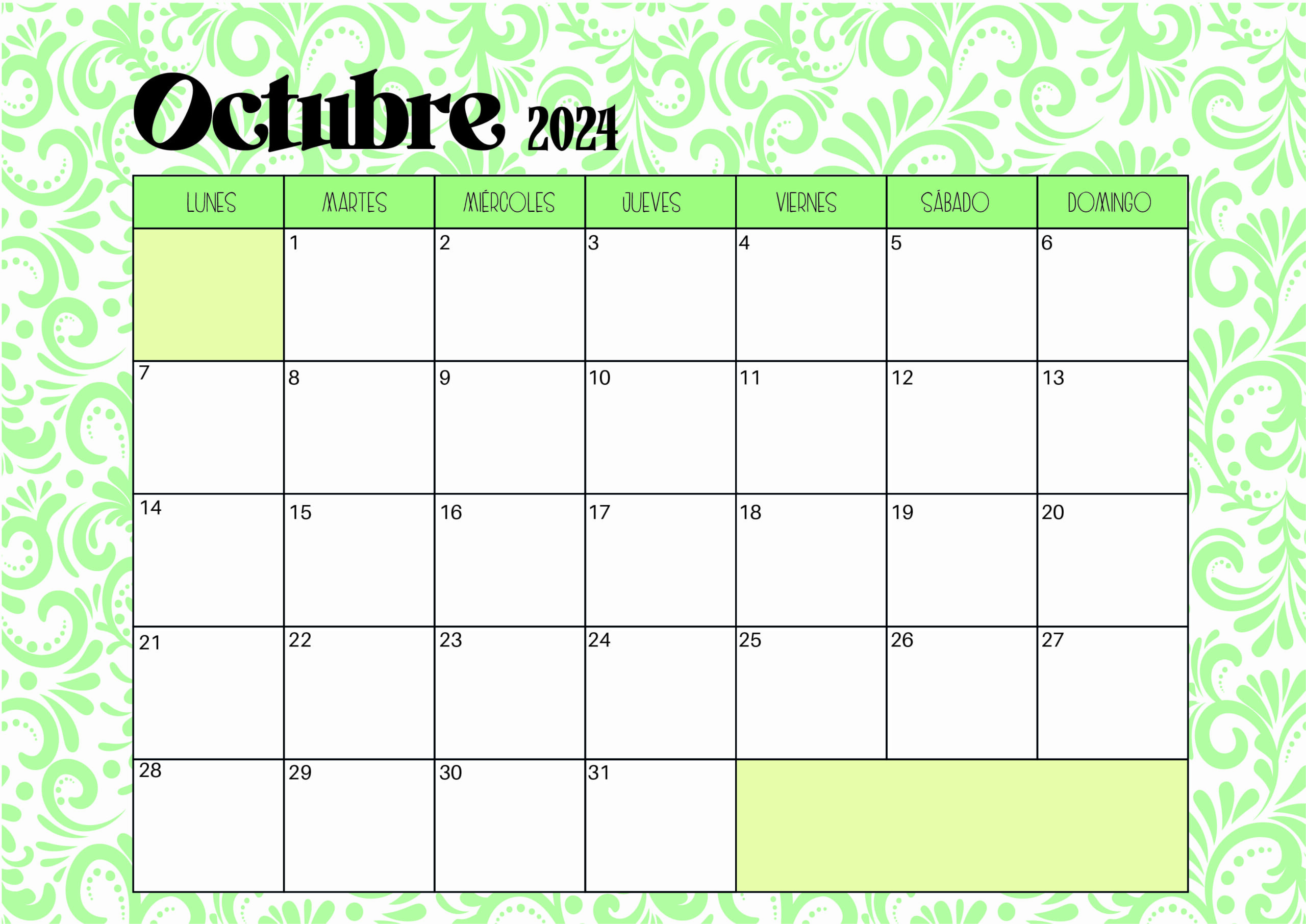 Calendario de Octubre 2024 para imprimir en PDF