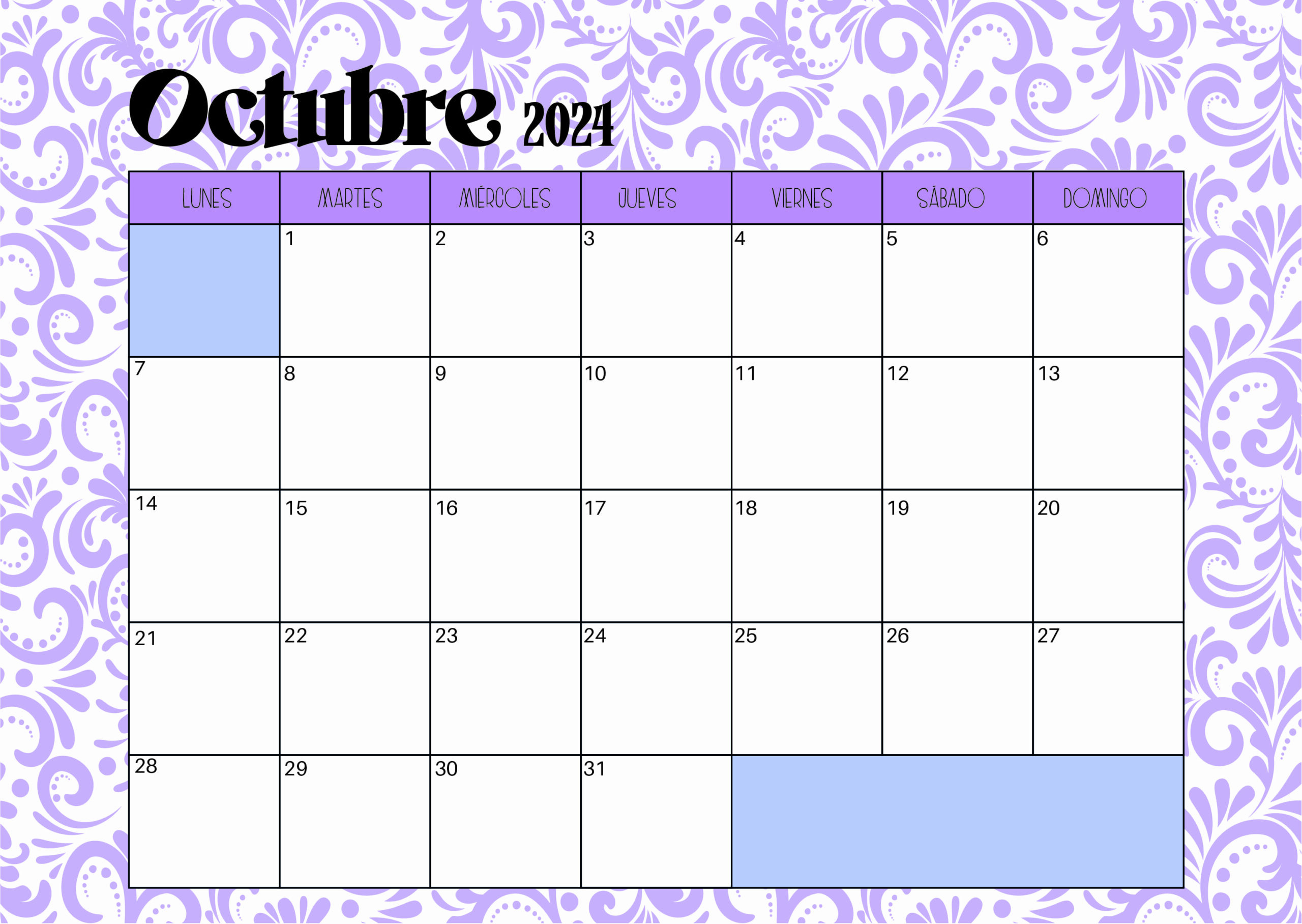 Calendario Octubre 2024 para imprimir