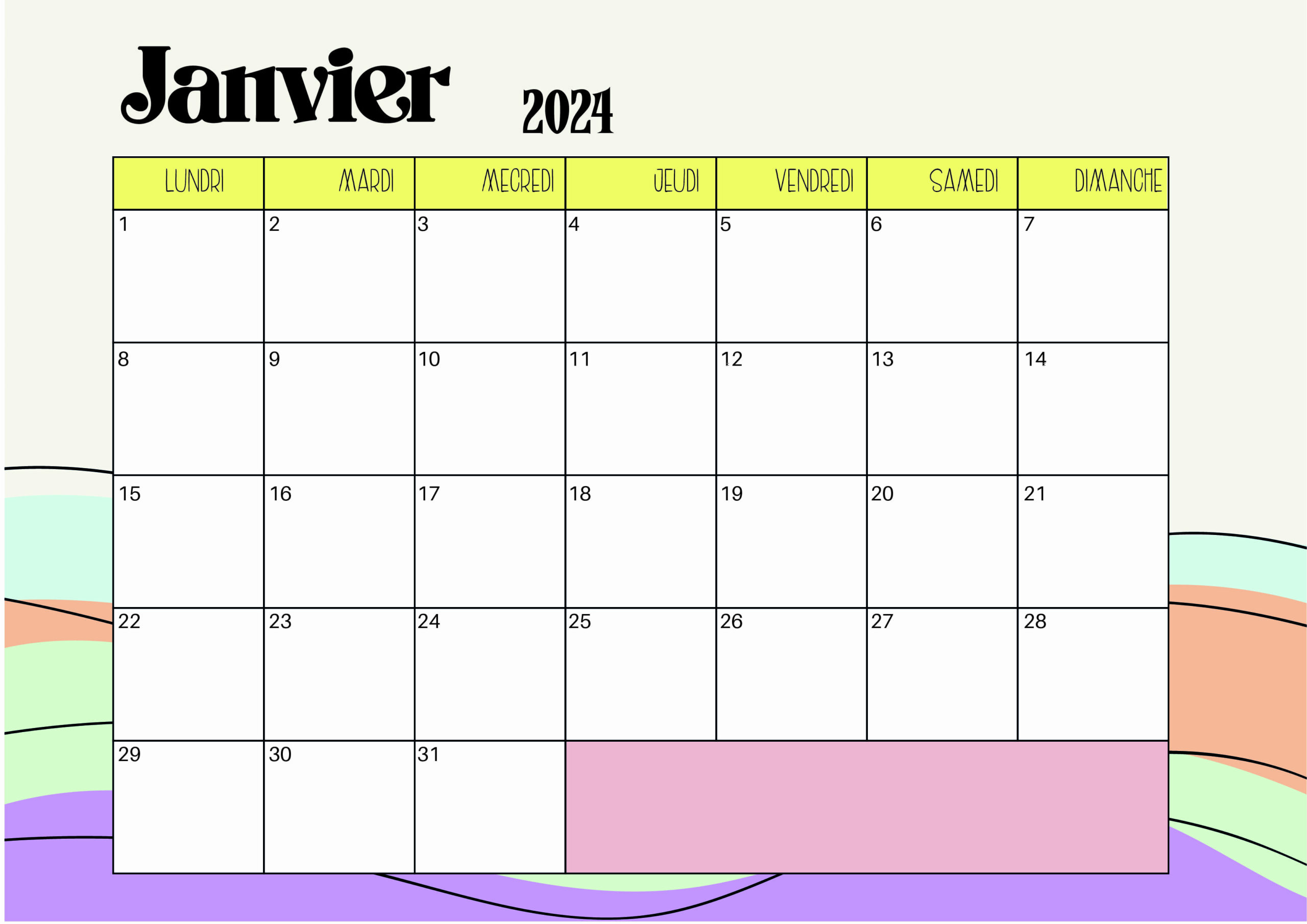 Calendrier de Janvier 2024 à imprimer en PDF