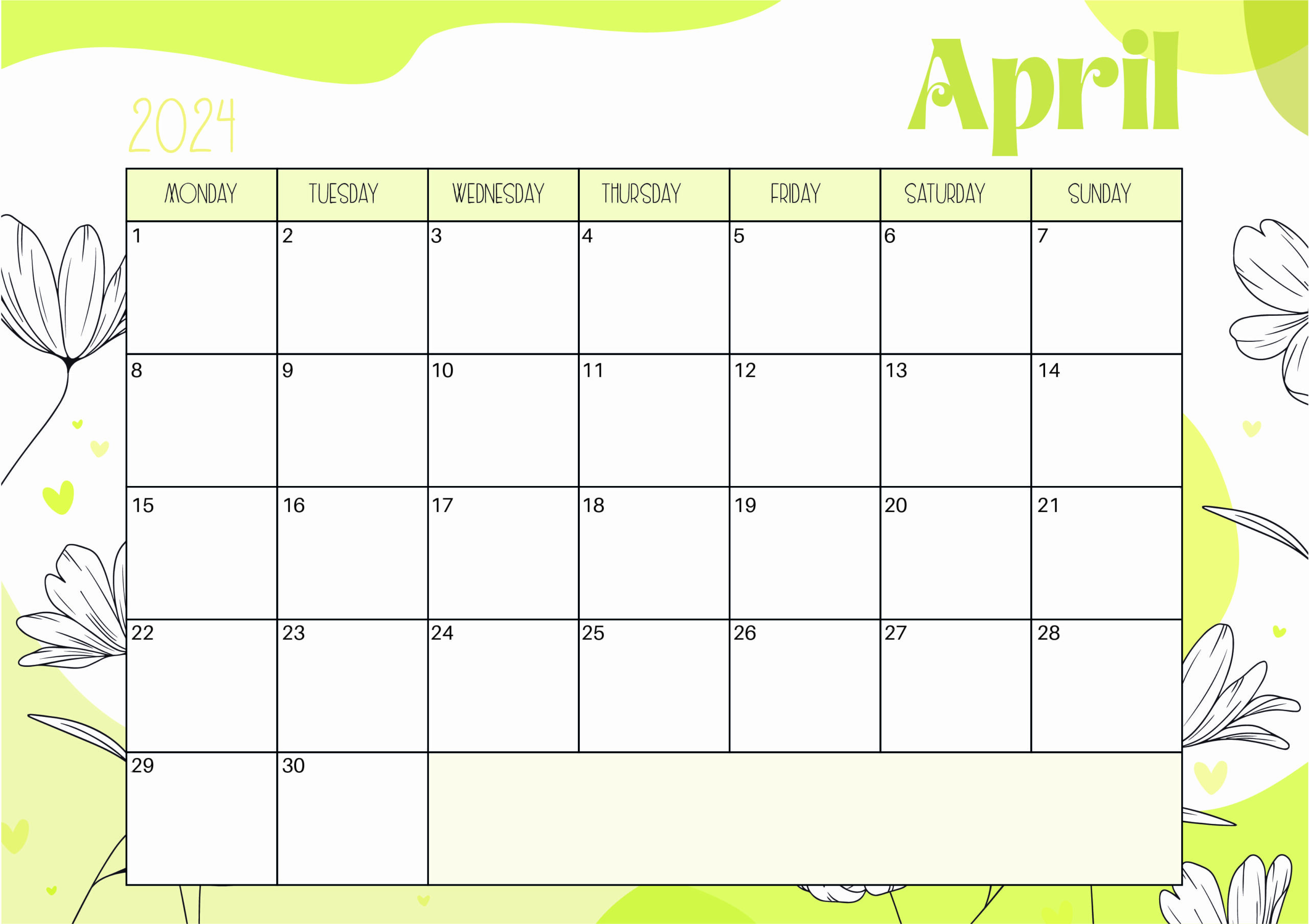 April 2024 Calendar for Printing