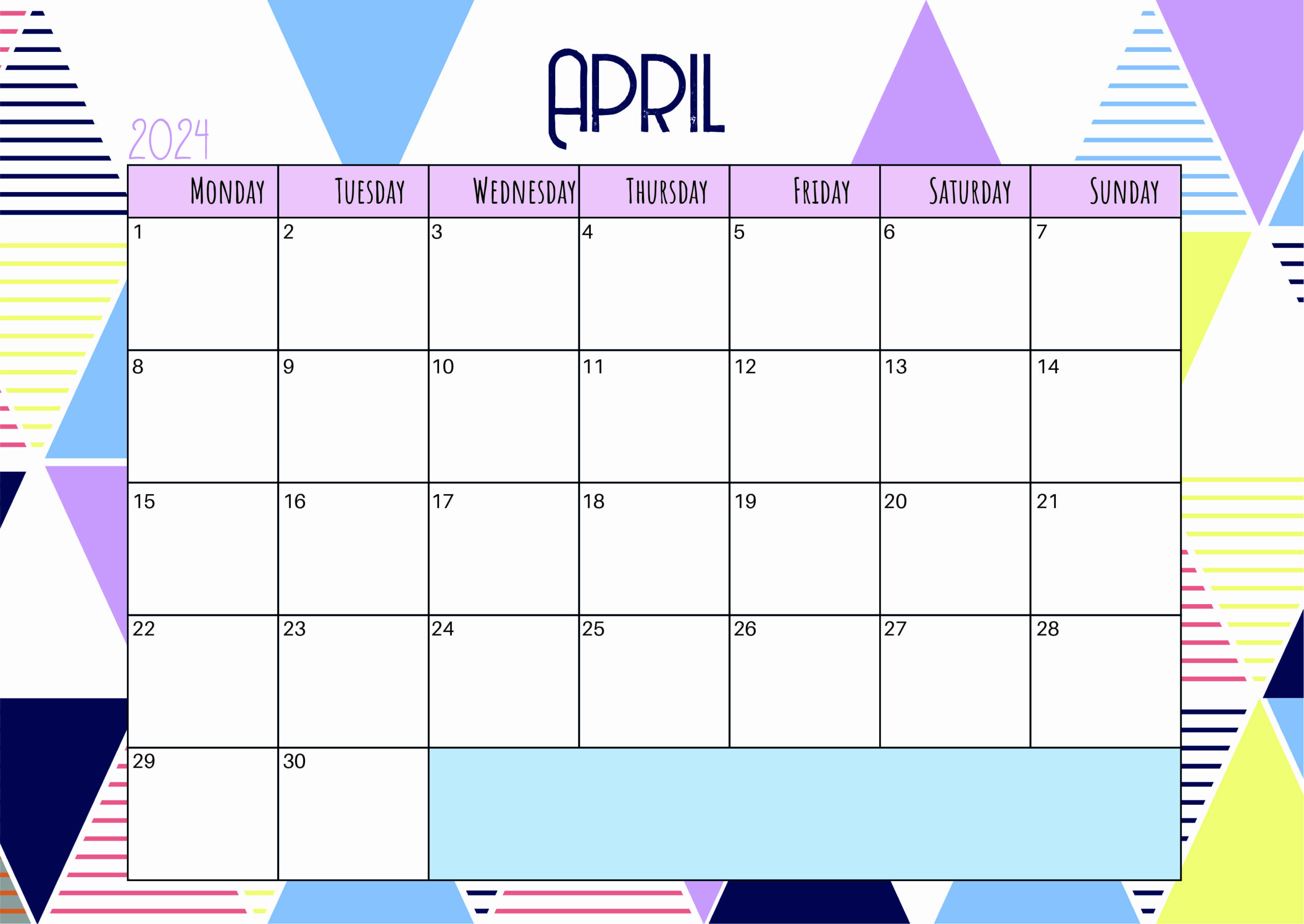 April 2024 Calendar for Printing in PDF