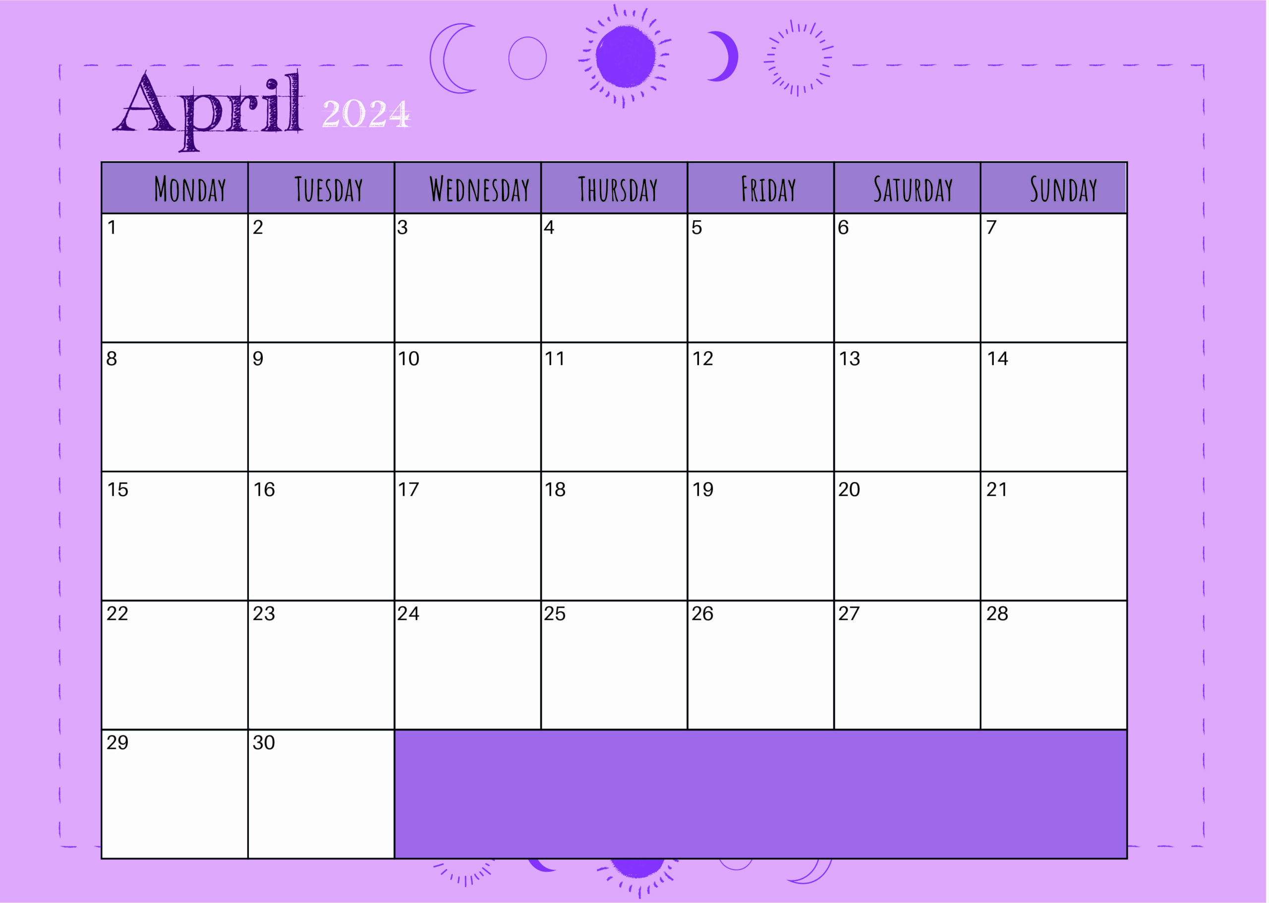 April 2024 Calendar for Printing in PDF