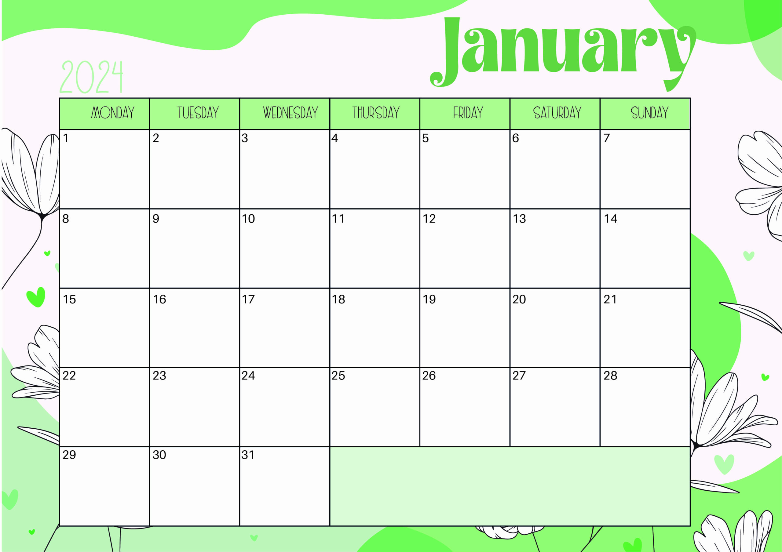 January 2024 Calendar for Printing in PDF
