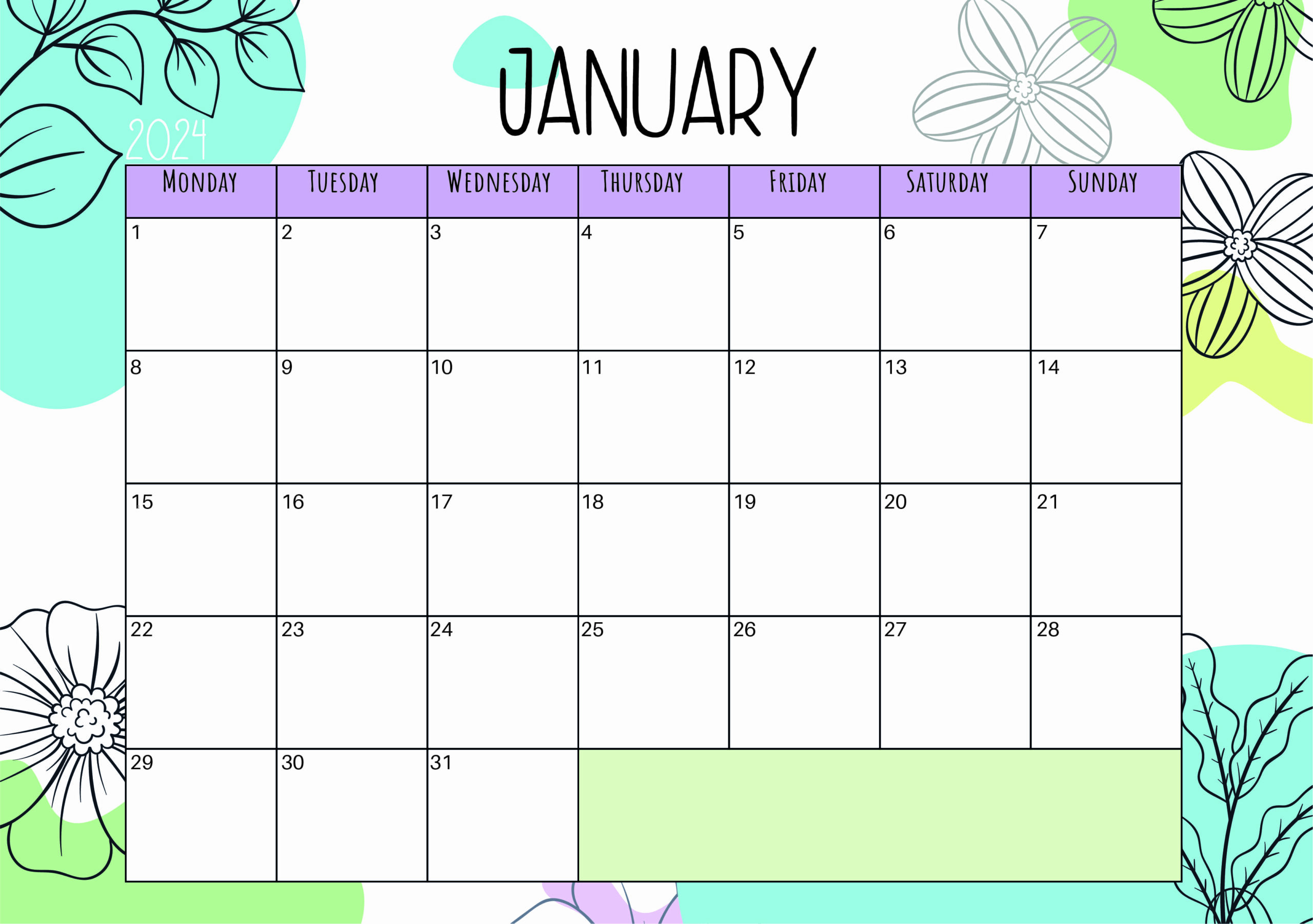 January 2024 calendar for printing in PDF