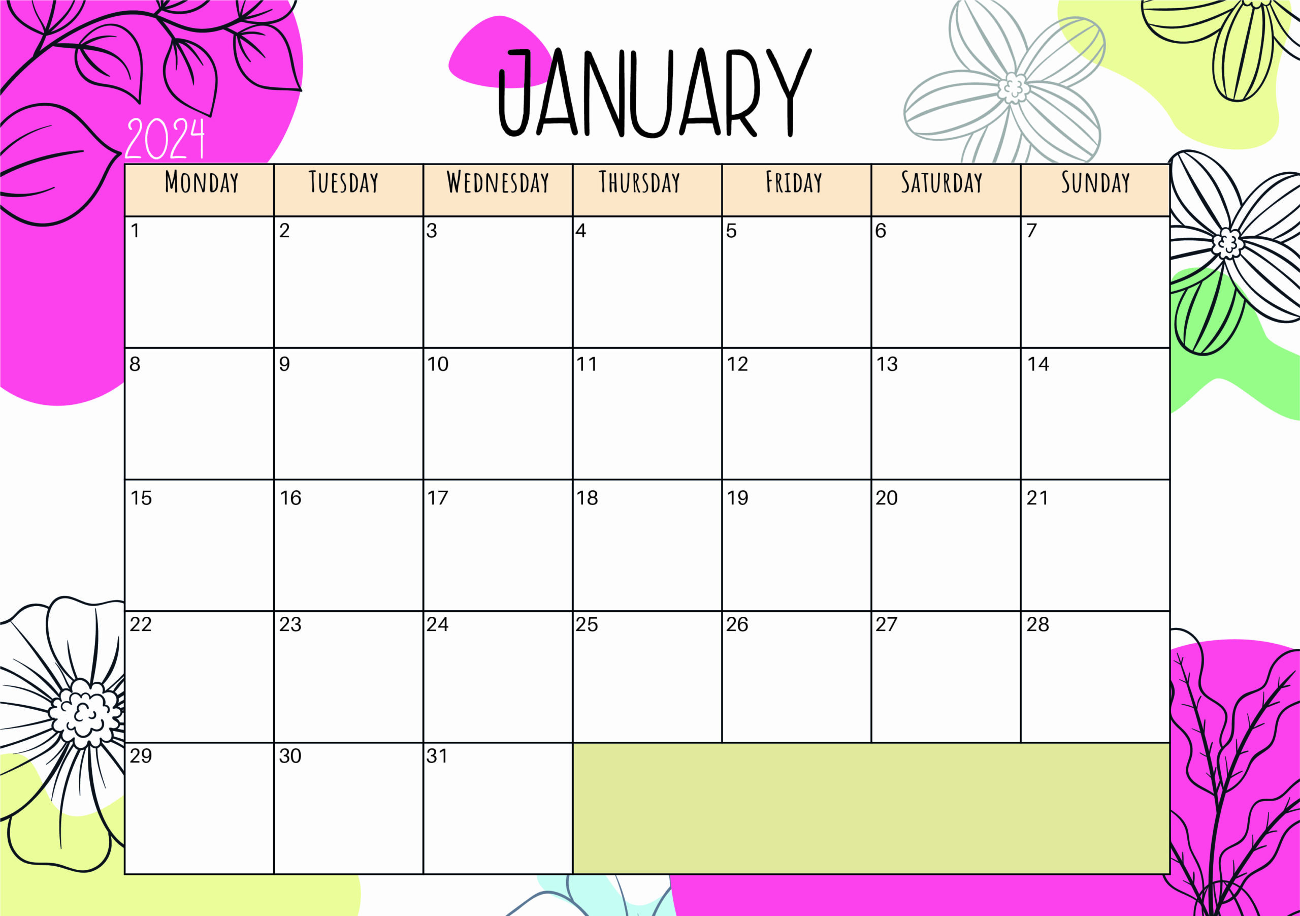 January 2024 calendar for printing in PDF