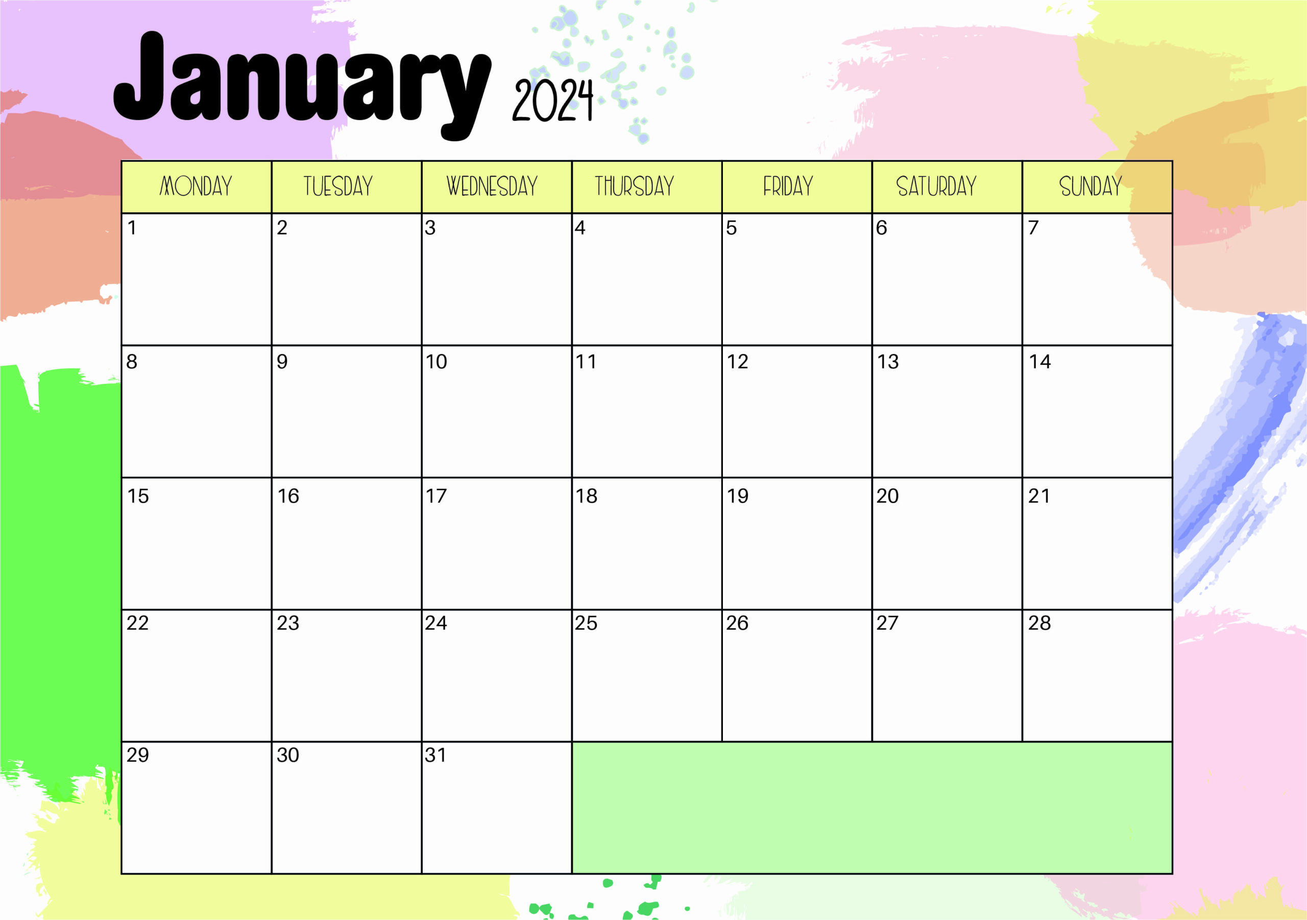 January 2024 calendar for printing 