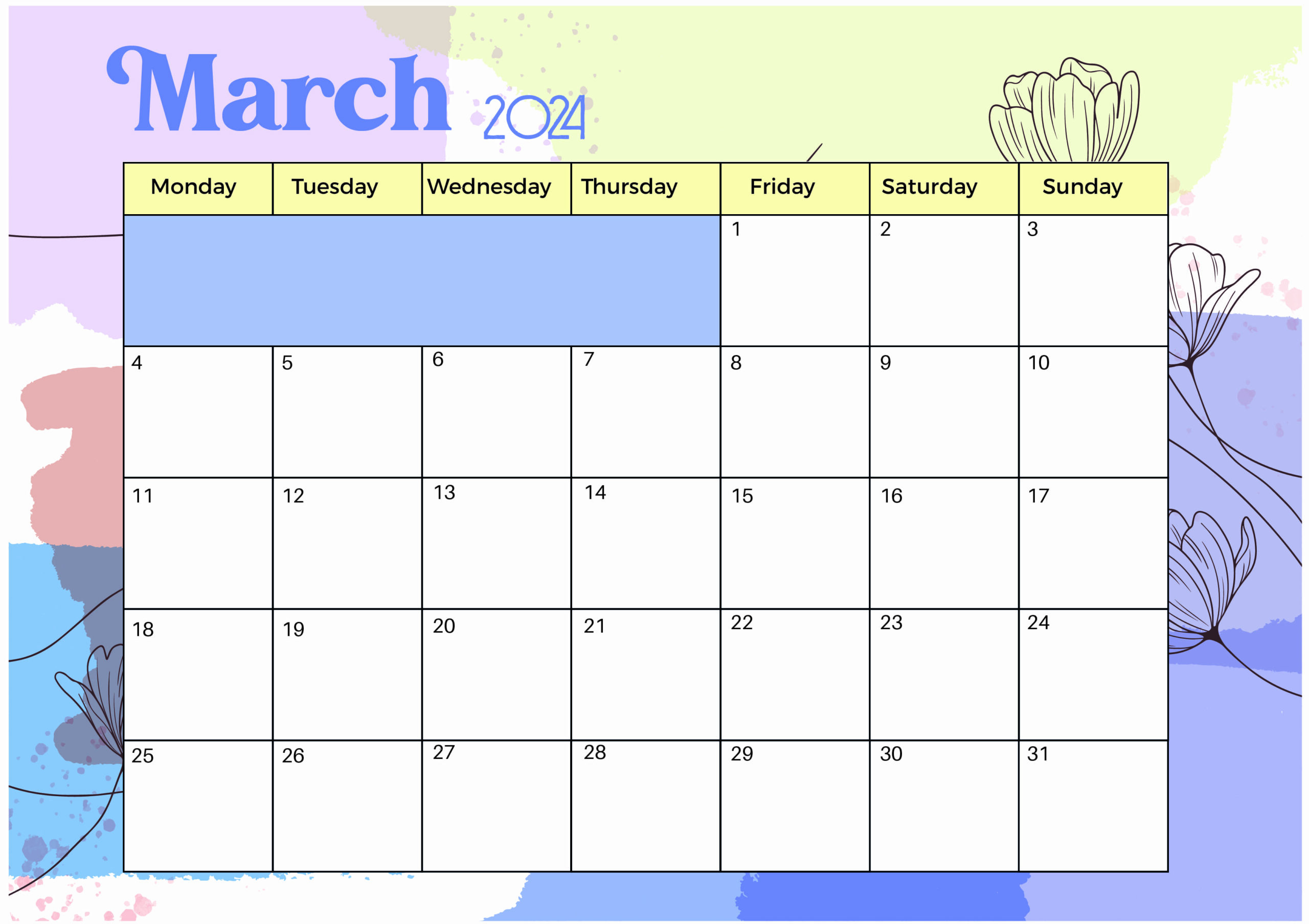 March 2024 Calendar for Printing in PDF