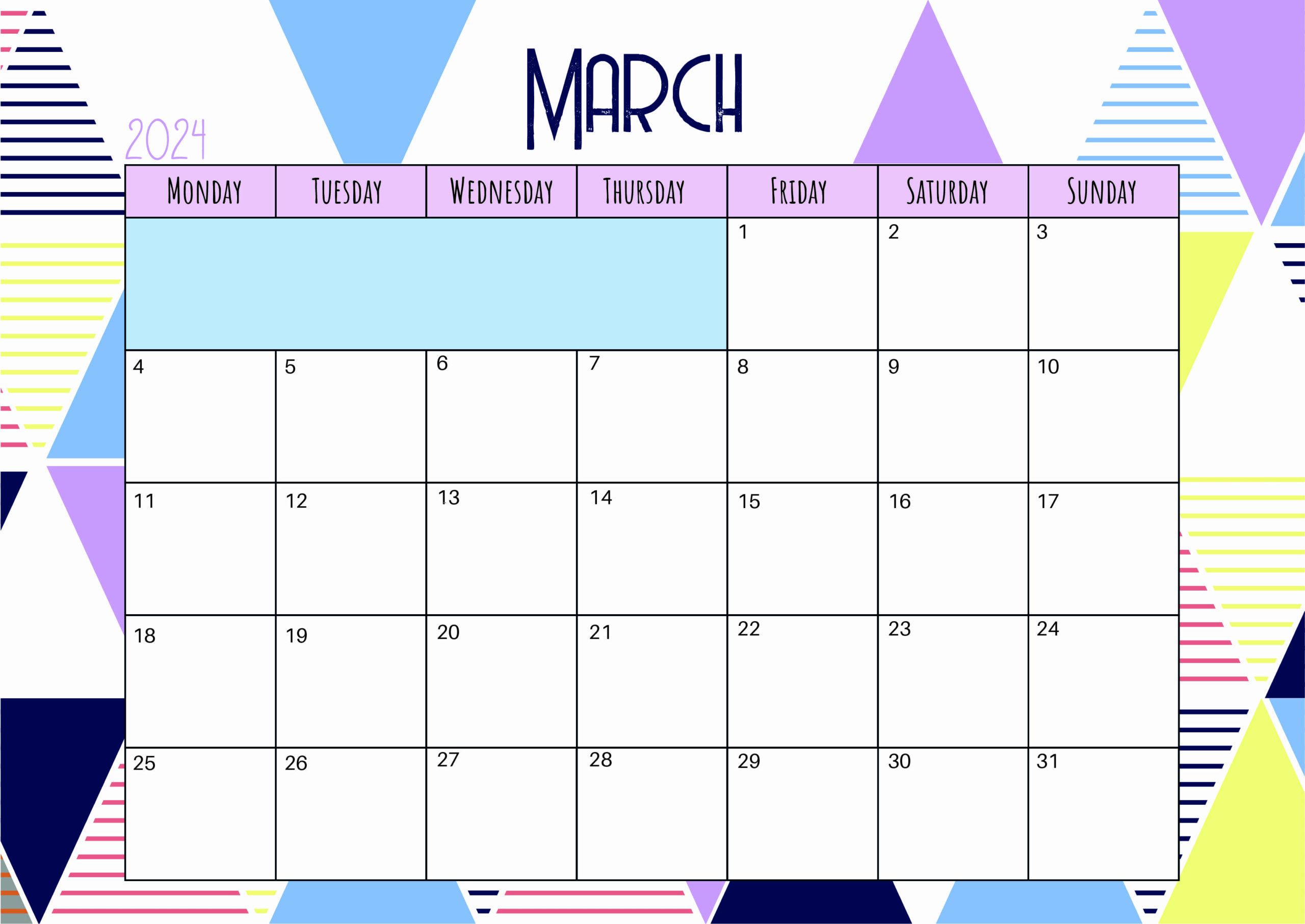 March 2024 Calendar for Printing in PDF