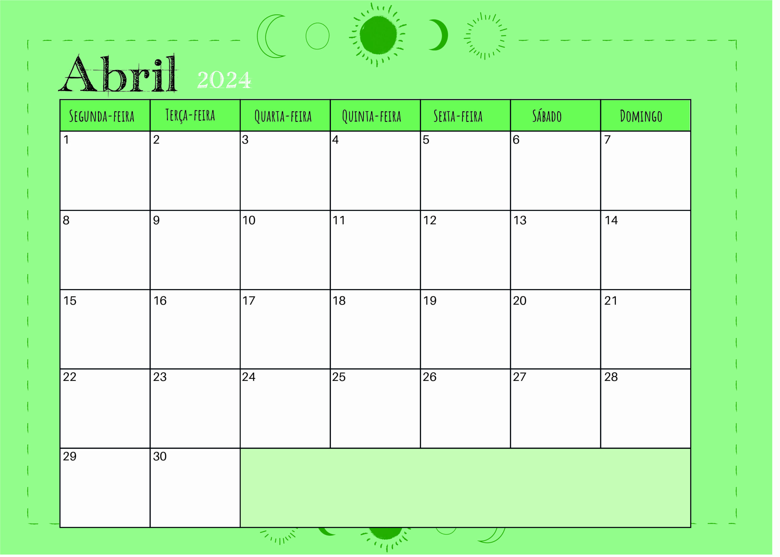 Calendário Abril 2024 para imprimir em PDF