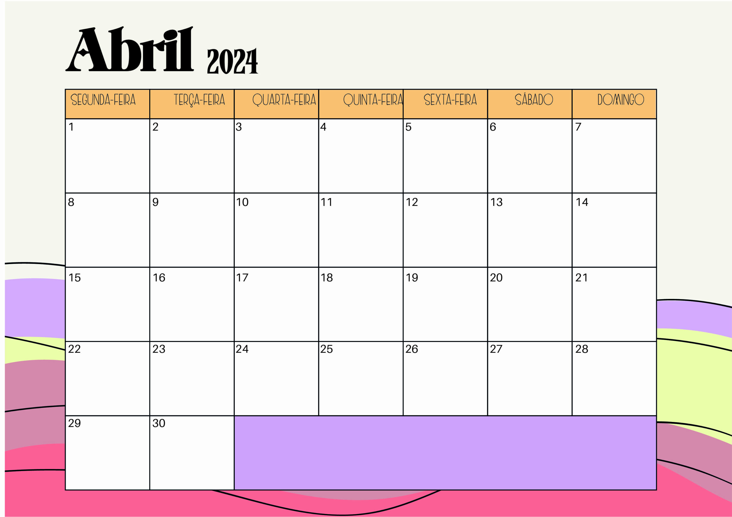 Calendário Abril 2024 para imprimir em PDF