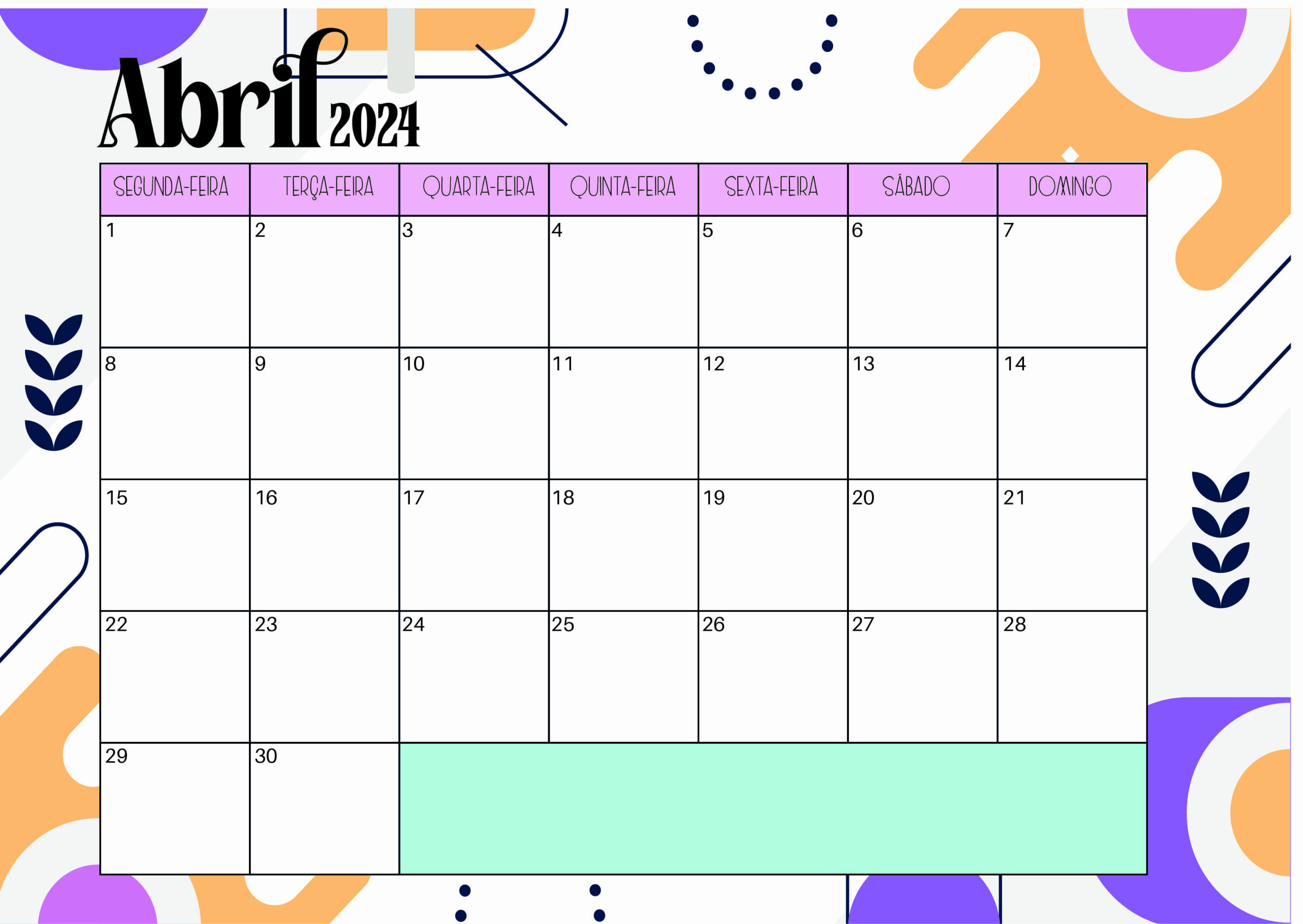 Calendário Abril 2024 para imprimir