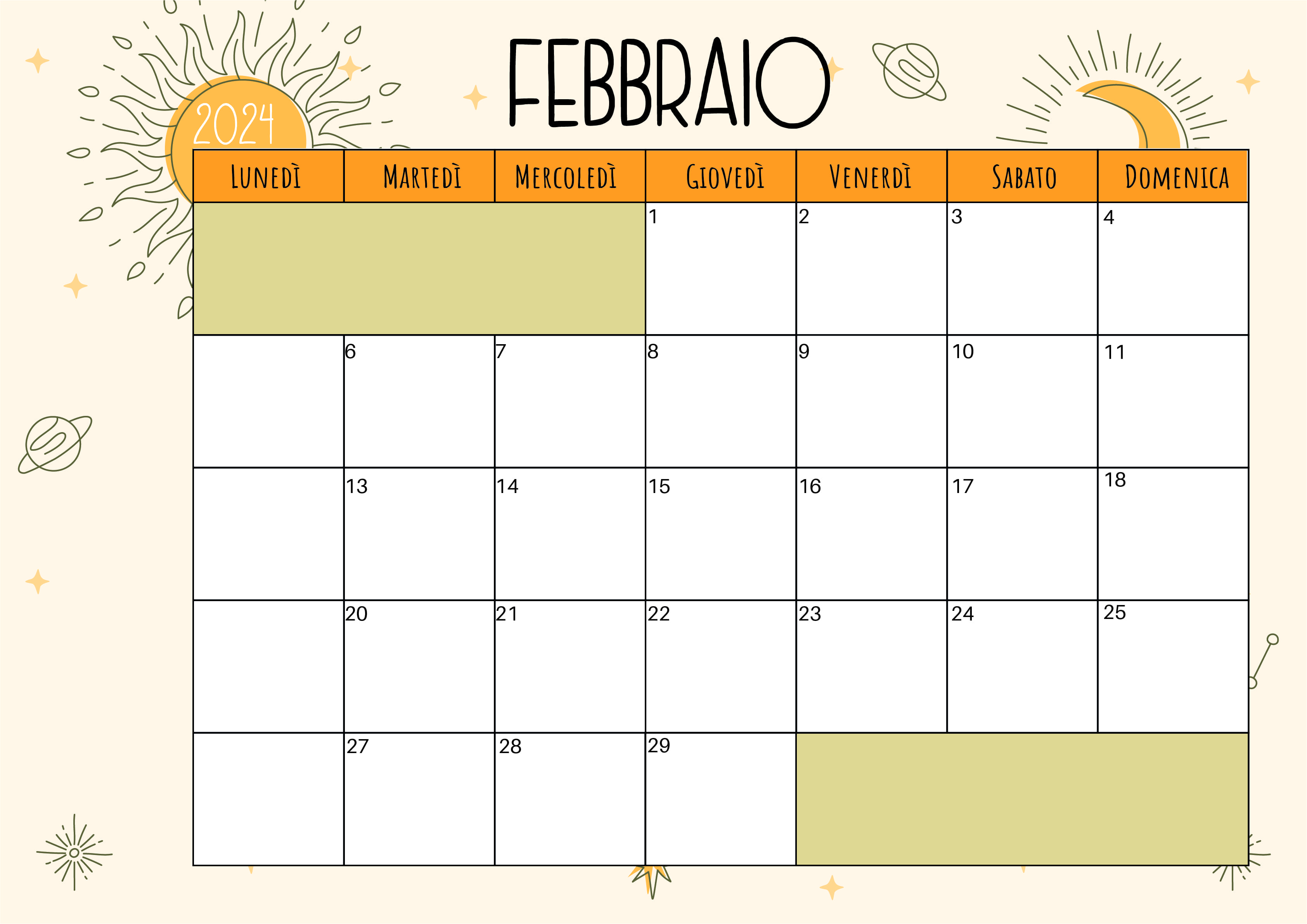 Calendario Febbraio 2024 da stampare PDF