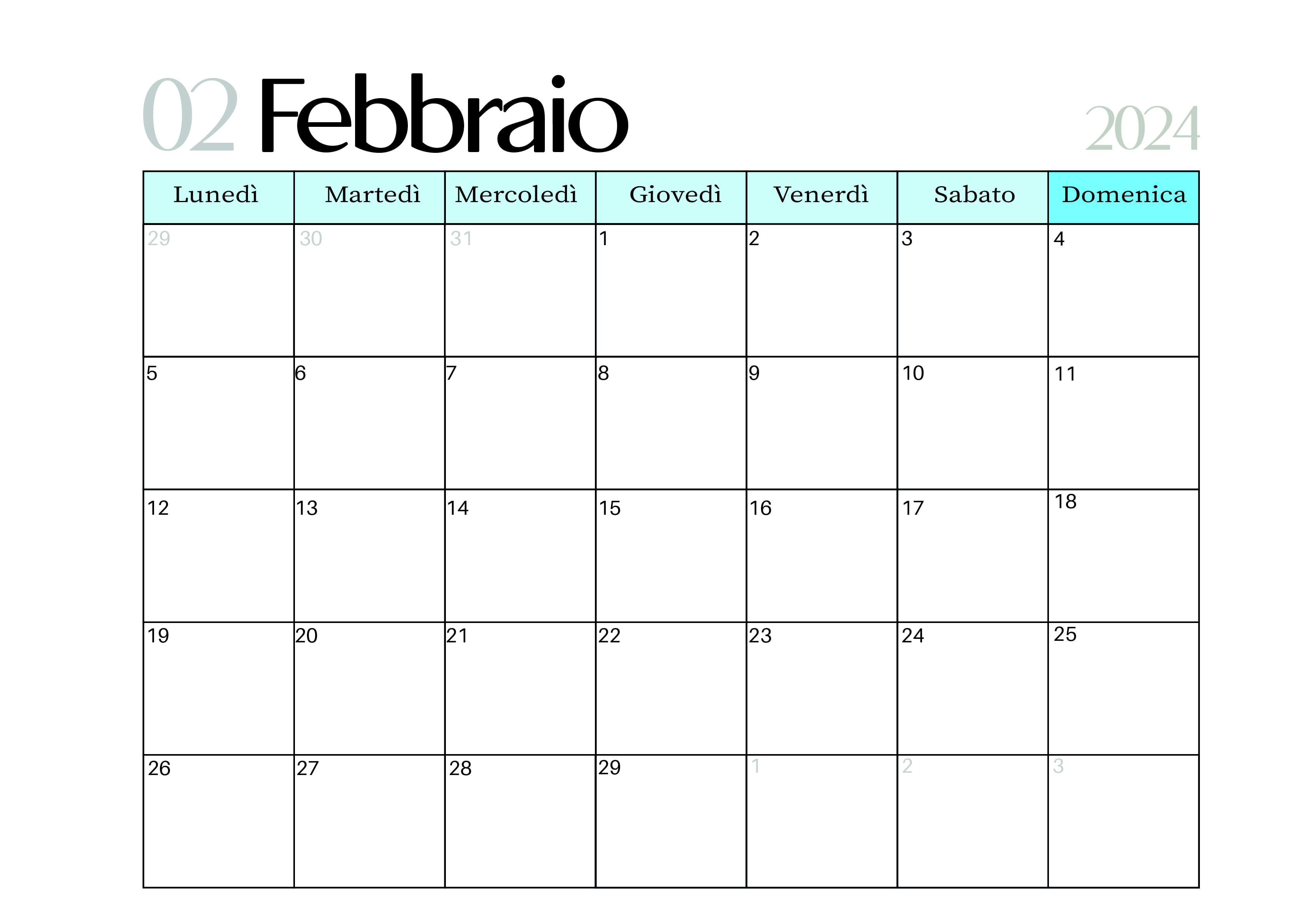 Calendario Febbraio 2024 da stampare