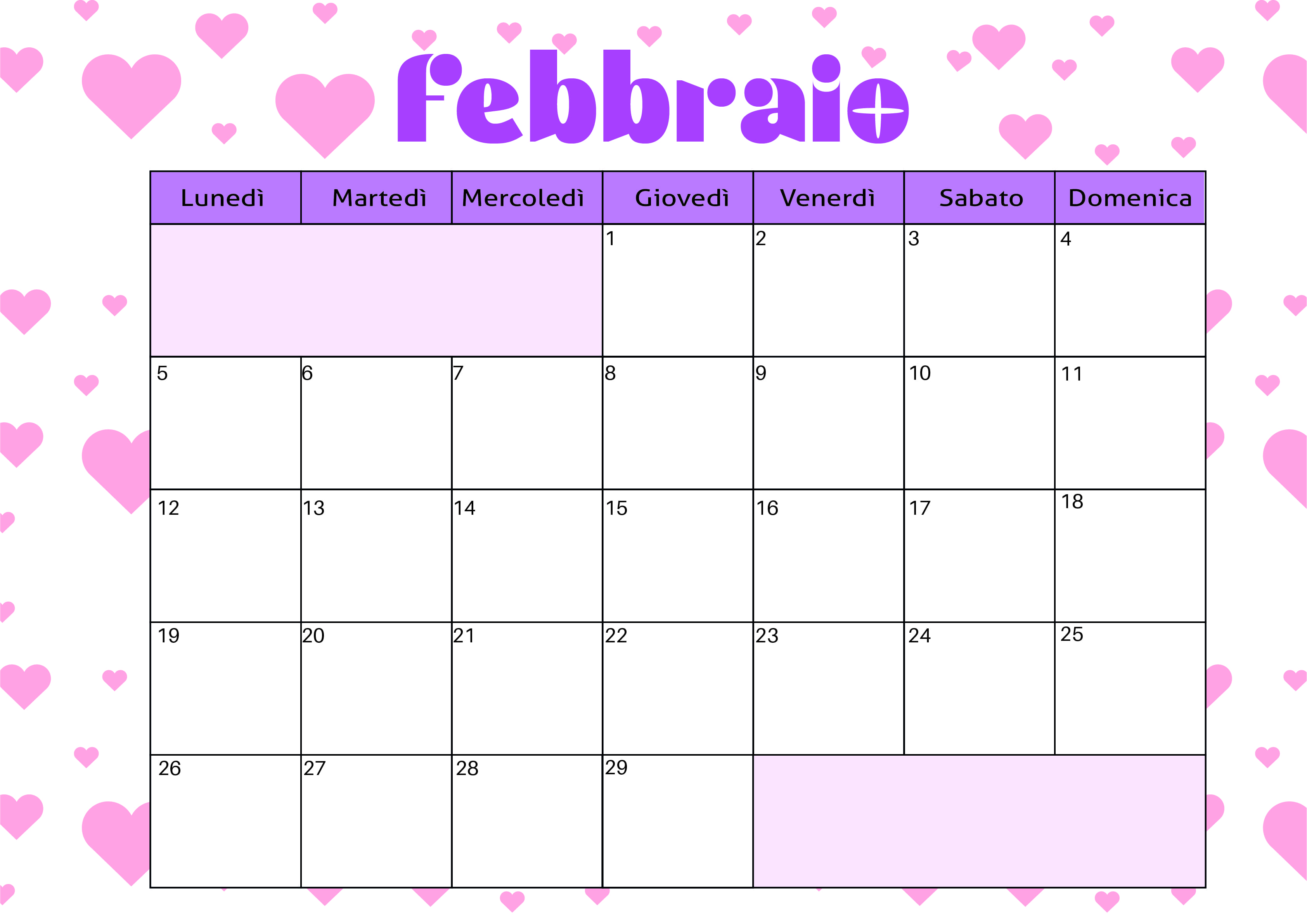 Calendario Febbraio 2024 da stampare PDF