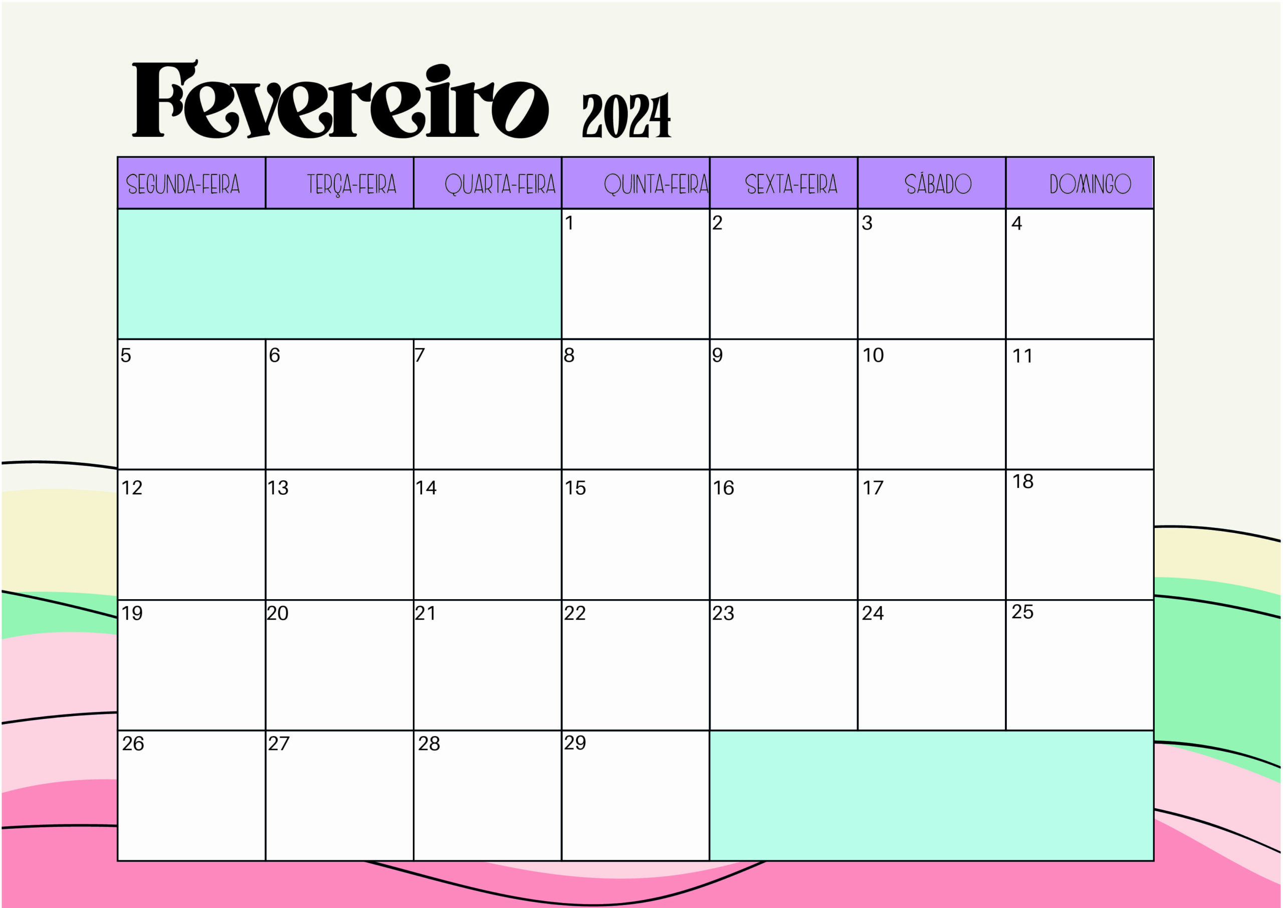 Calendário de Fevereiro de 2024 para imprimir 