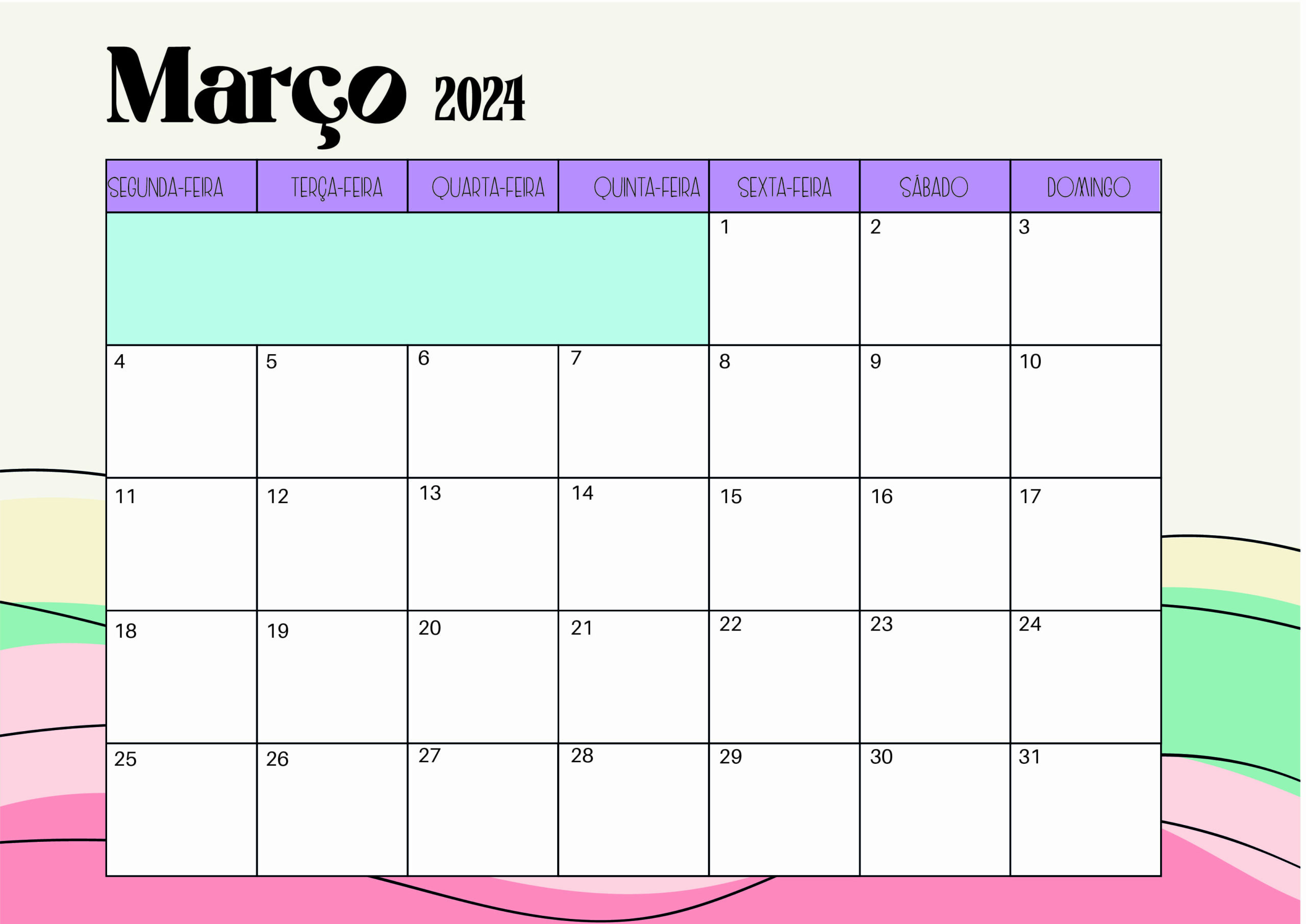 Calendário Março 2024 para imprimir em PDF