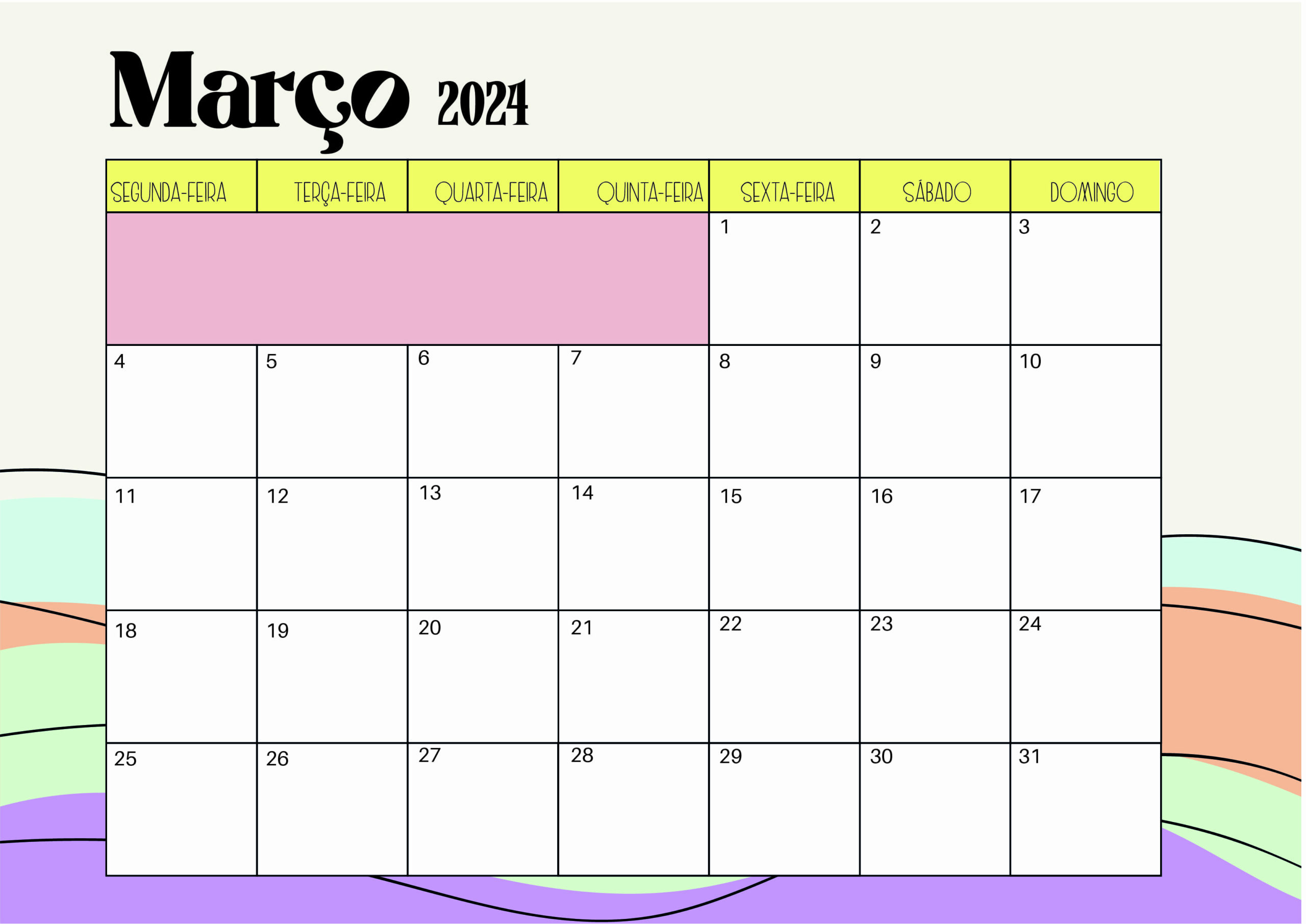 Calendário Março 2024 para imprimir