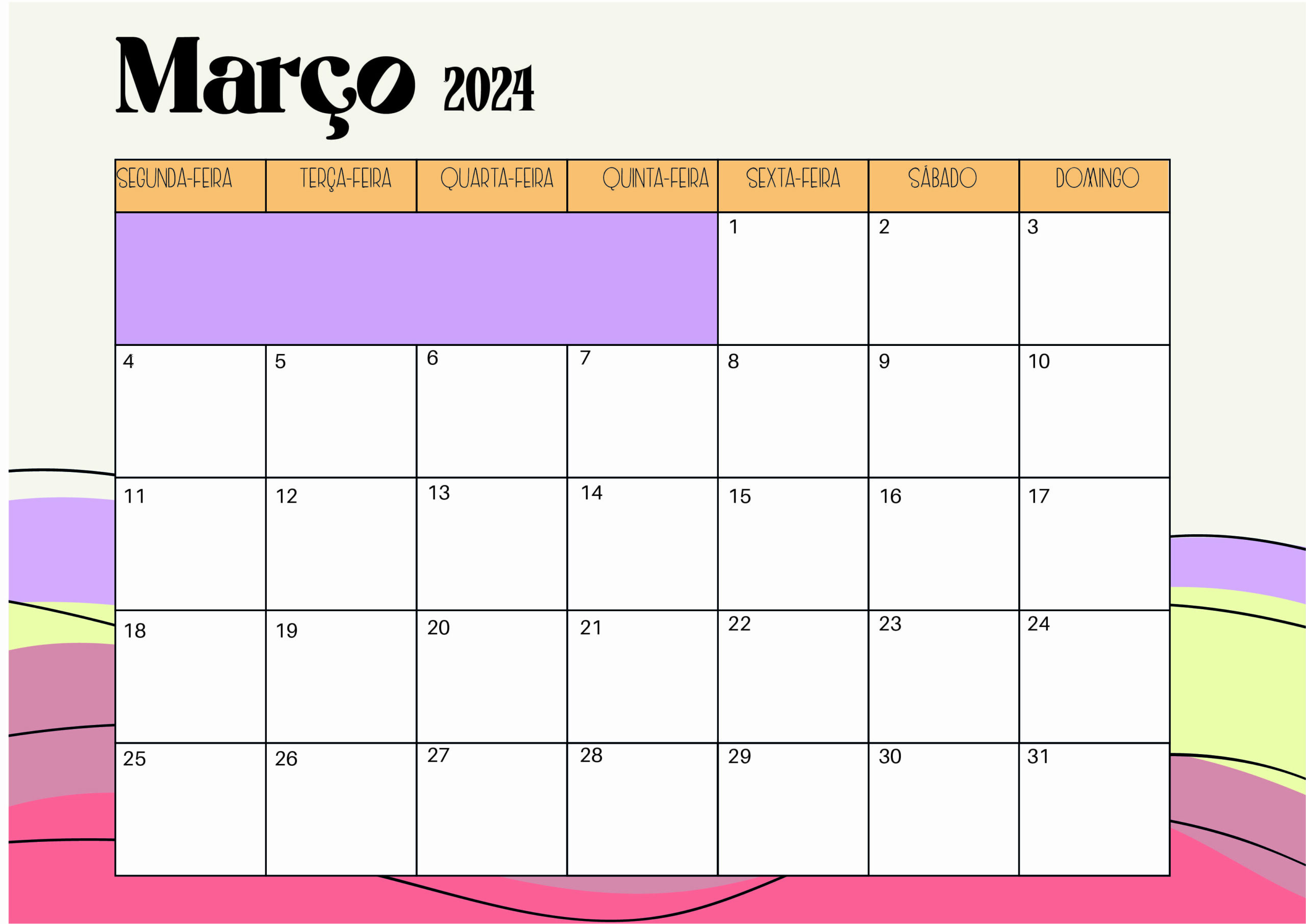 Calendário Março 2024 para imprimir em PDF