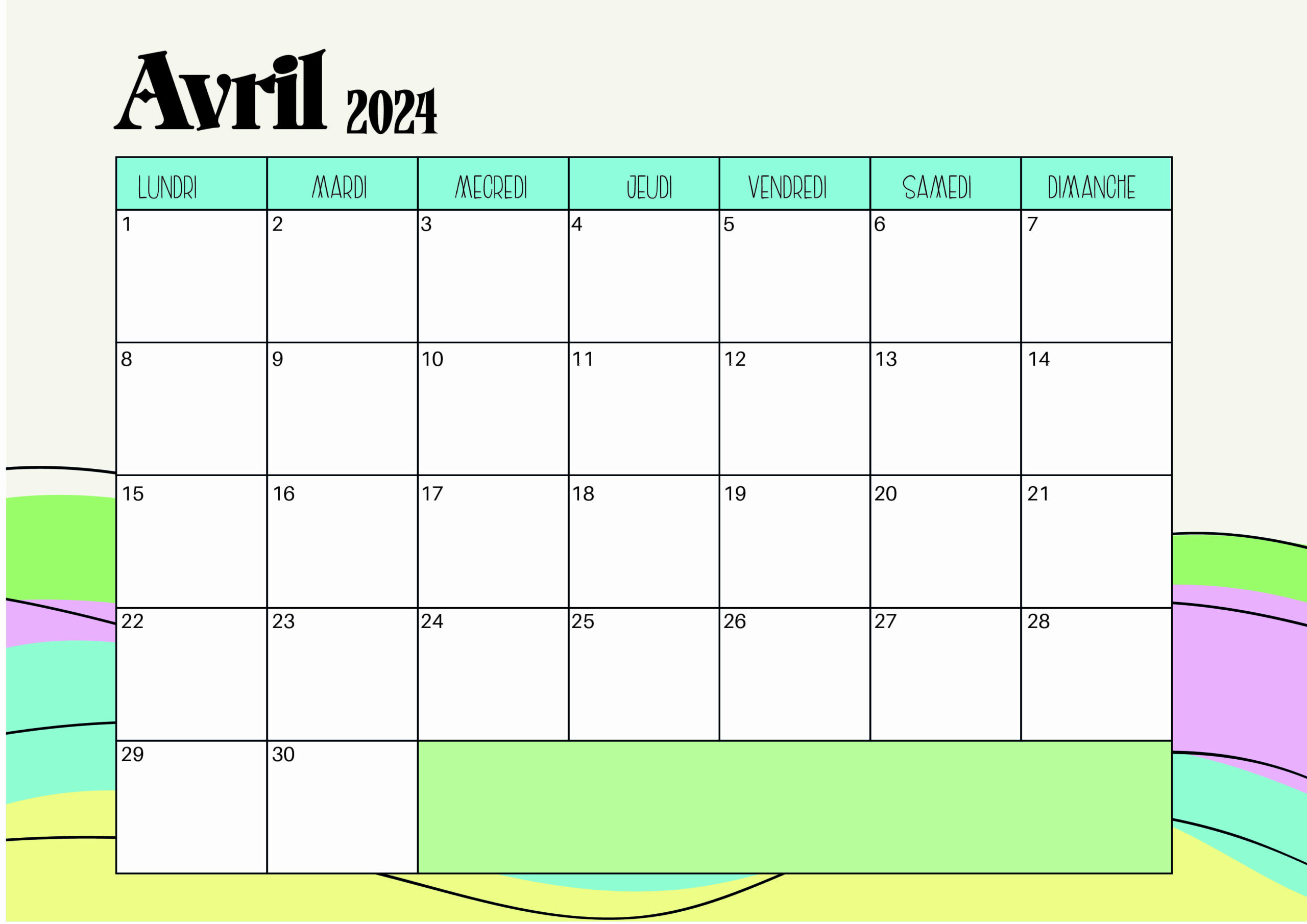 Calendrier d'avril 2024 à imprimer en PDF