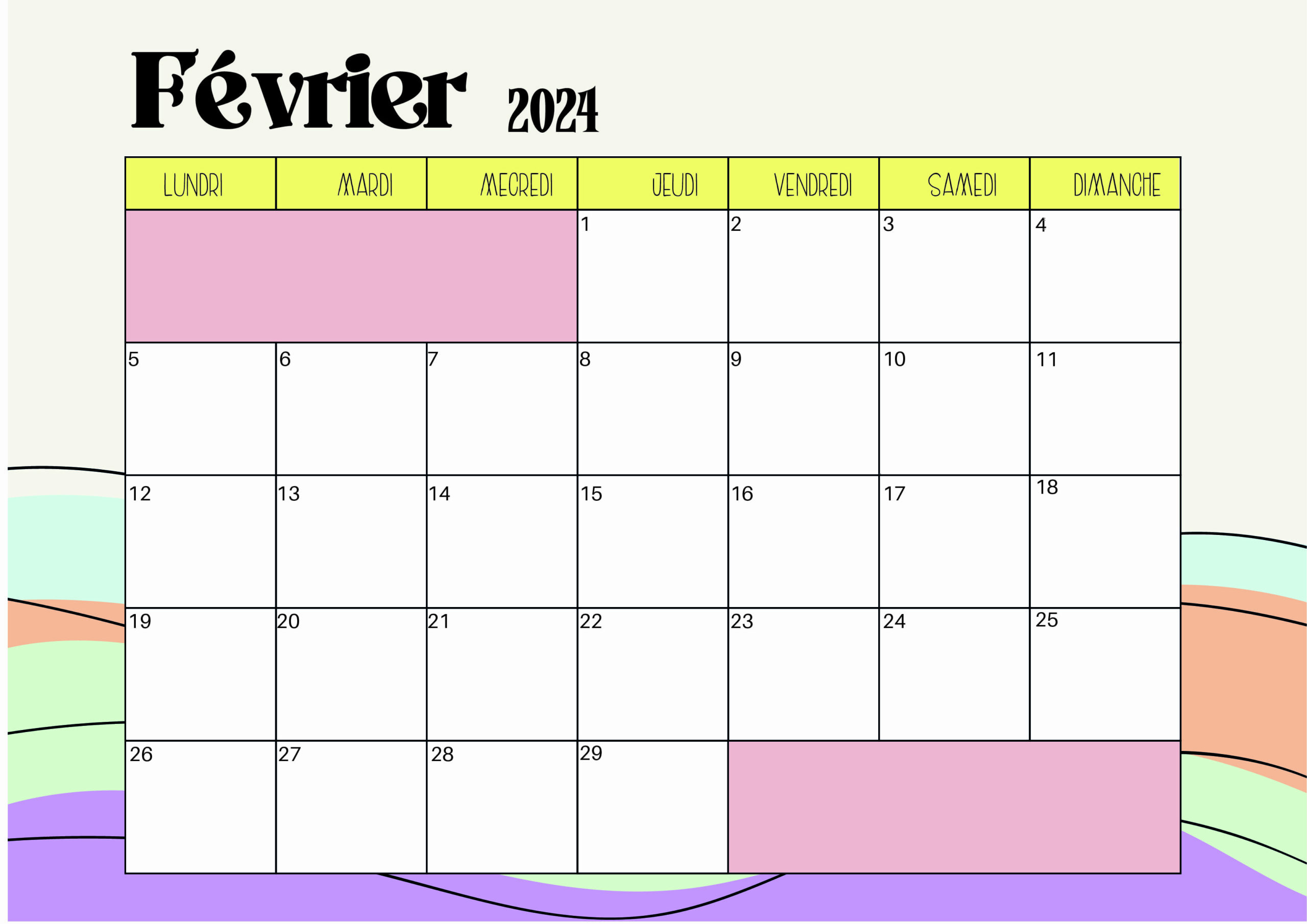 Calendrier de Février 2024 à imprimer en PDF