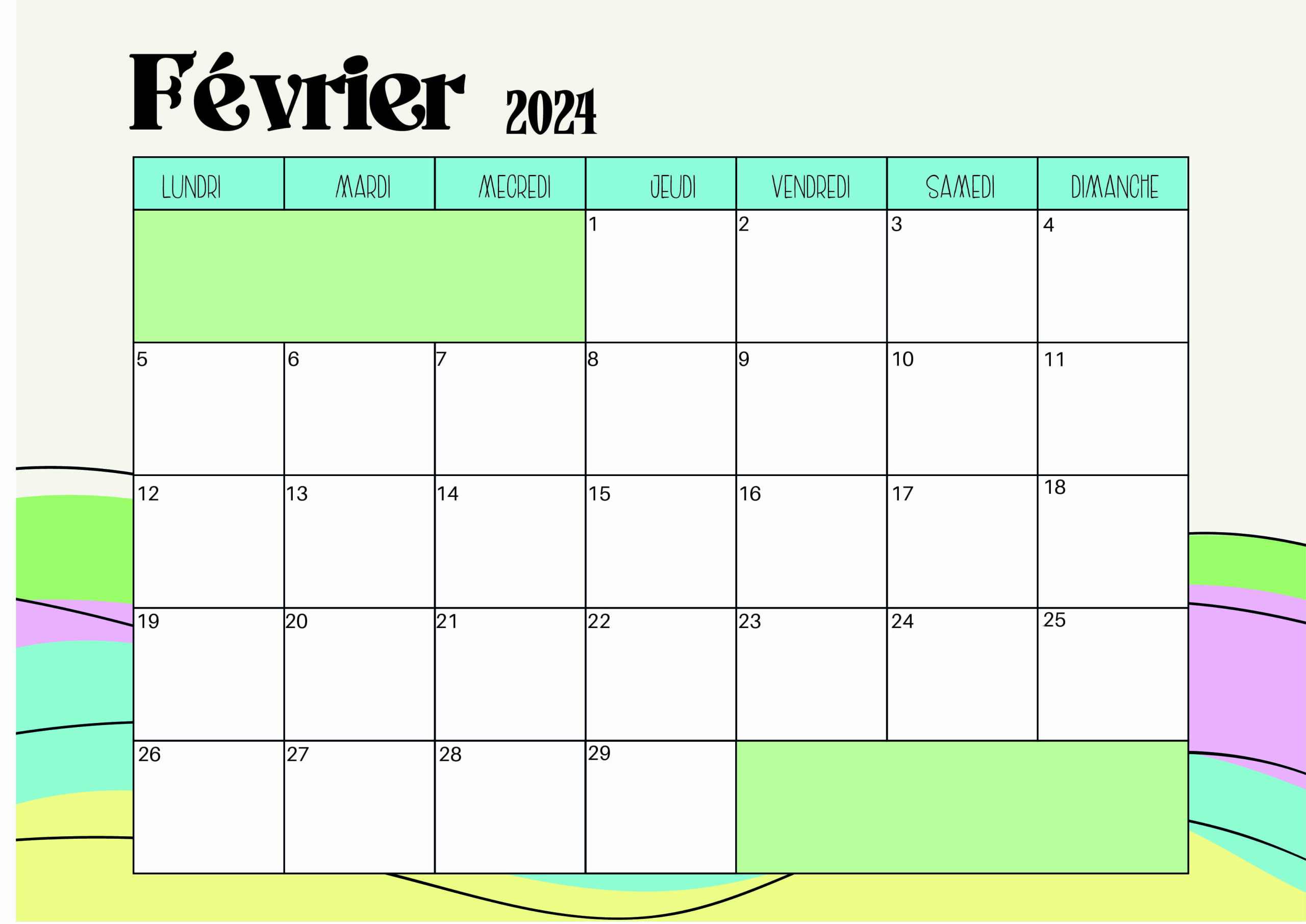 Calendrier de Février 2024 à imprimer en PDF