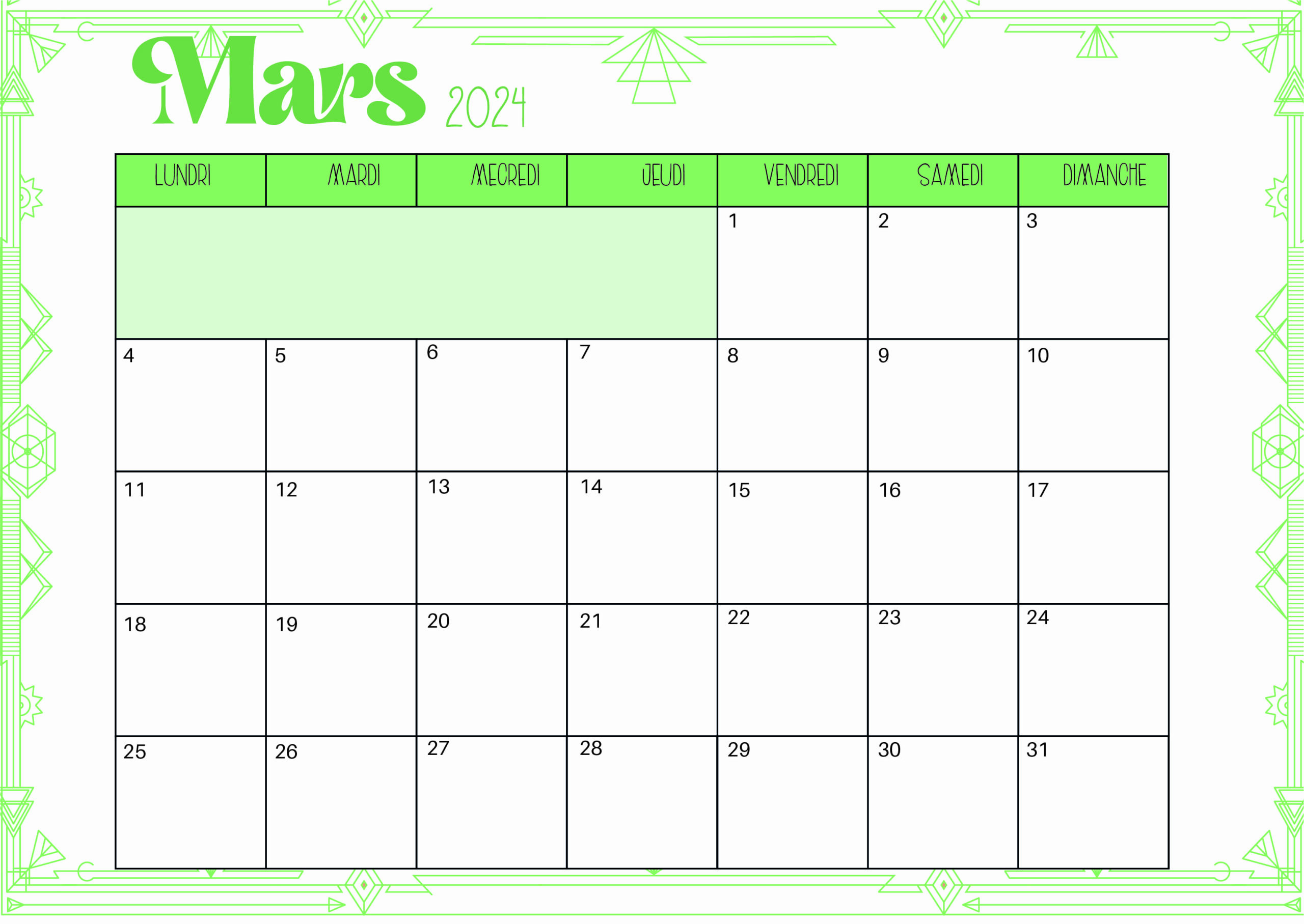 Calendrier de Mars 2024 à imprimer en PDF