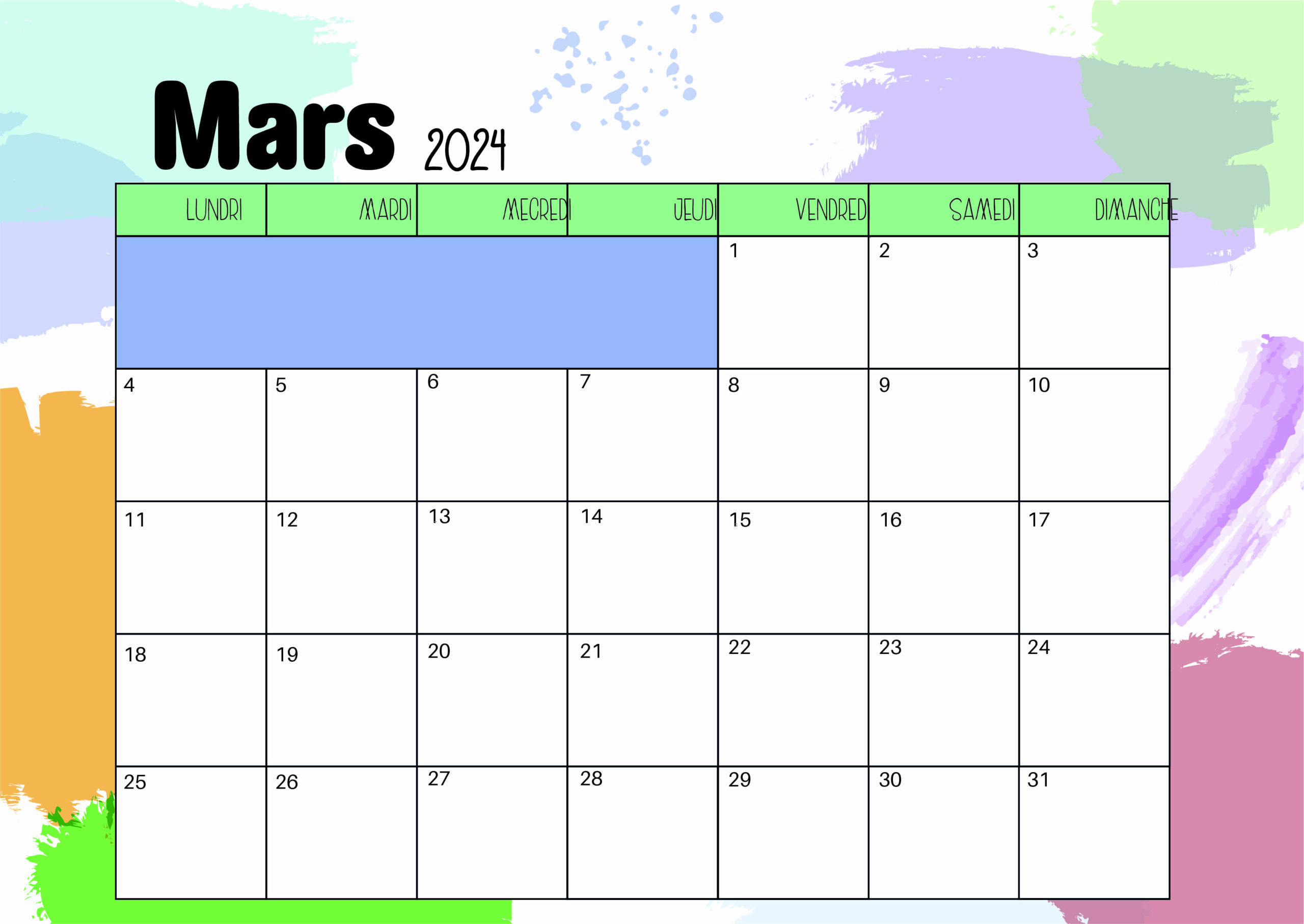 Calendrier de Mars 2024 à imprimer