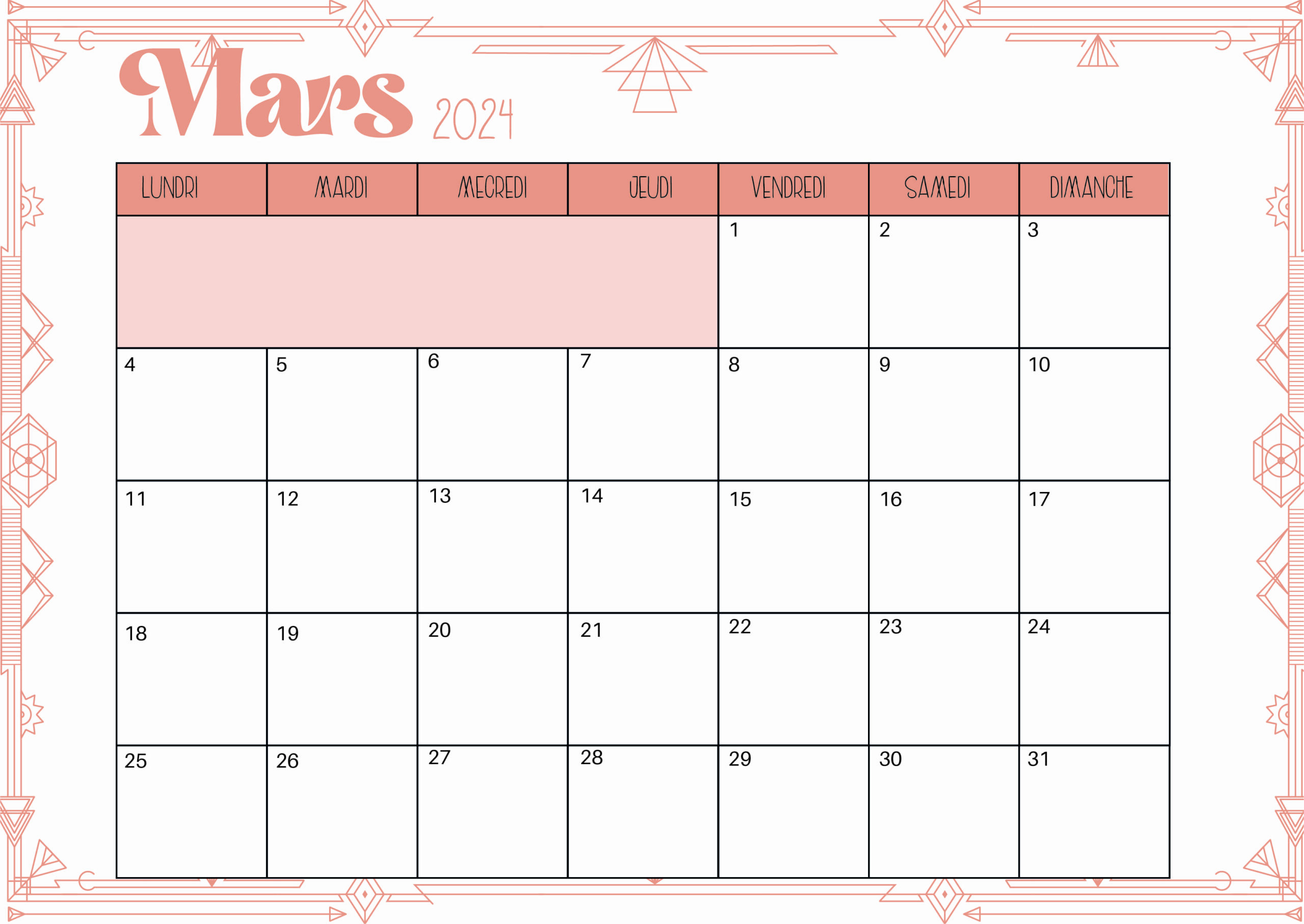 Calendrier de Mars 2024 à imprimer