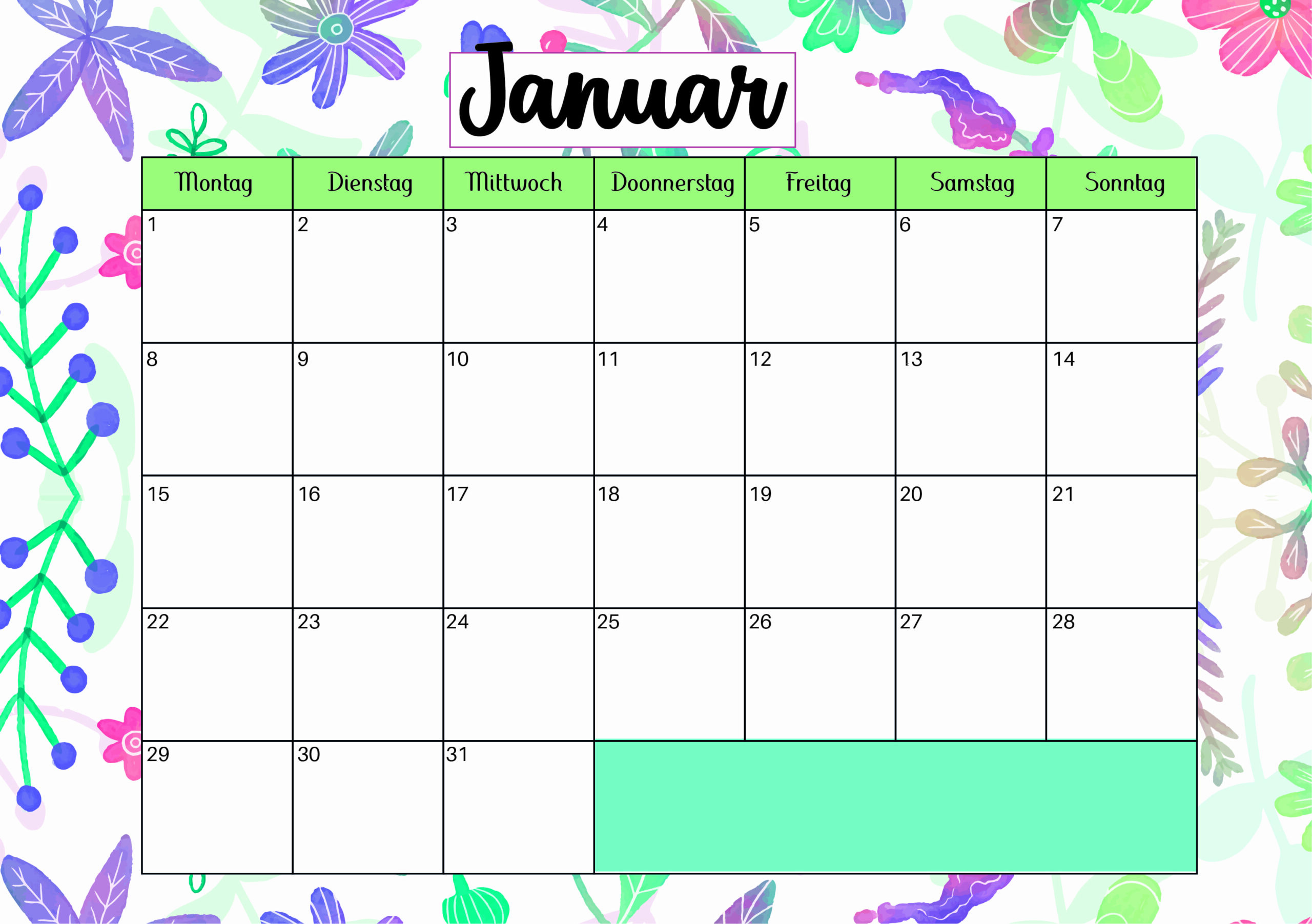 Kalender Januar 2024 zum Ausdrucken im PDF