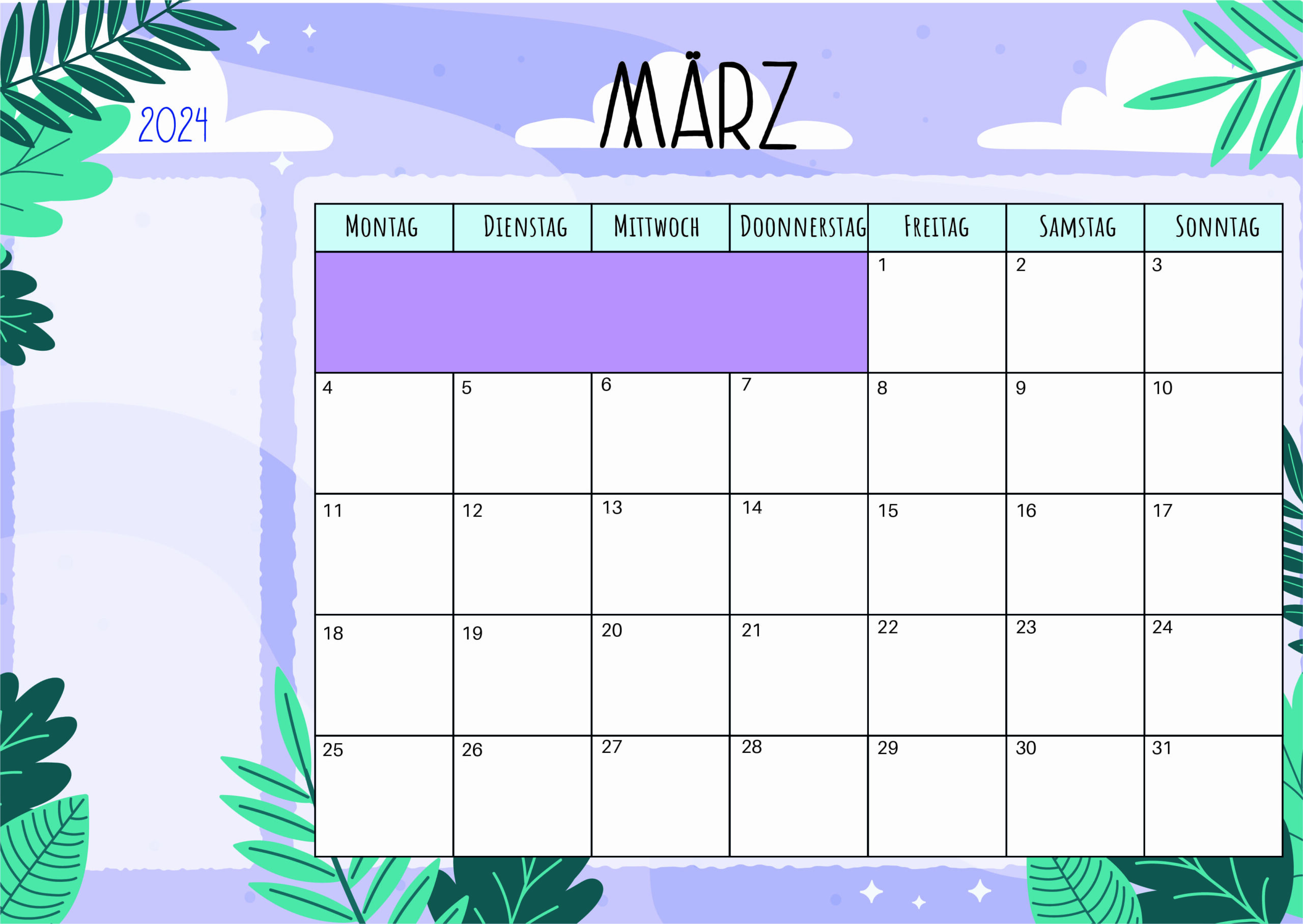 Kalender März 2024 zum Ausdrucken