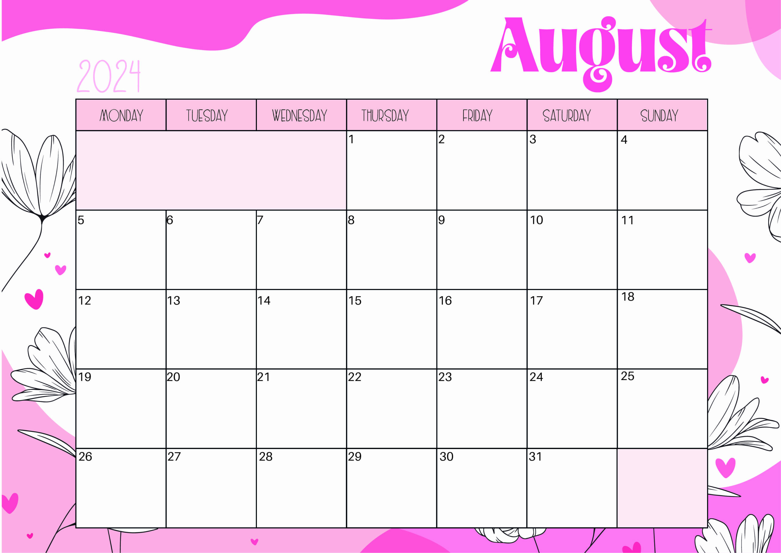 August 2024 Calendar for Printing in PDF